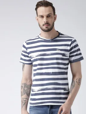 Men White Striped Round Neck T-shirt