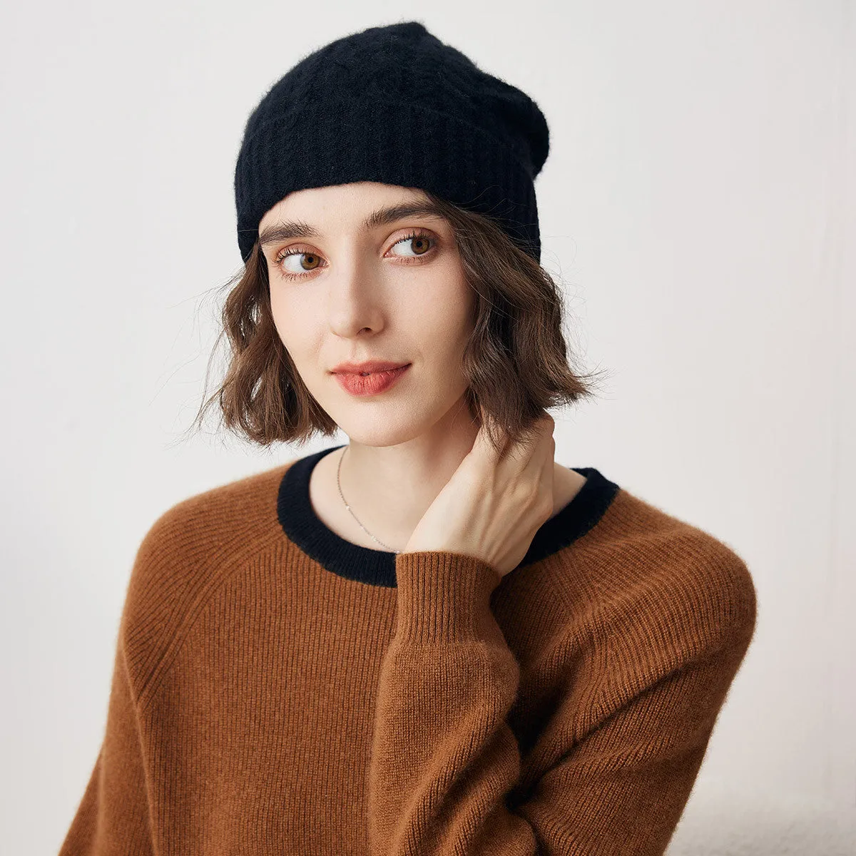 100% Cashmere Cable Slouchy Beanie