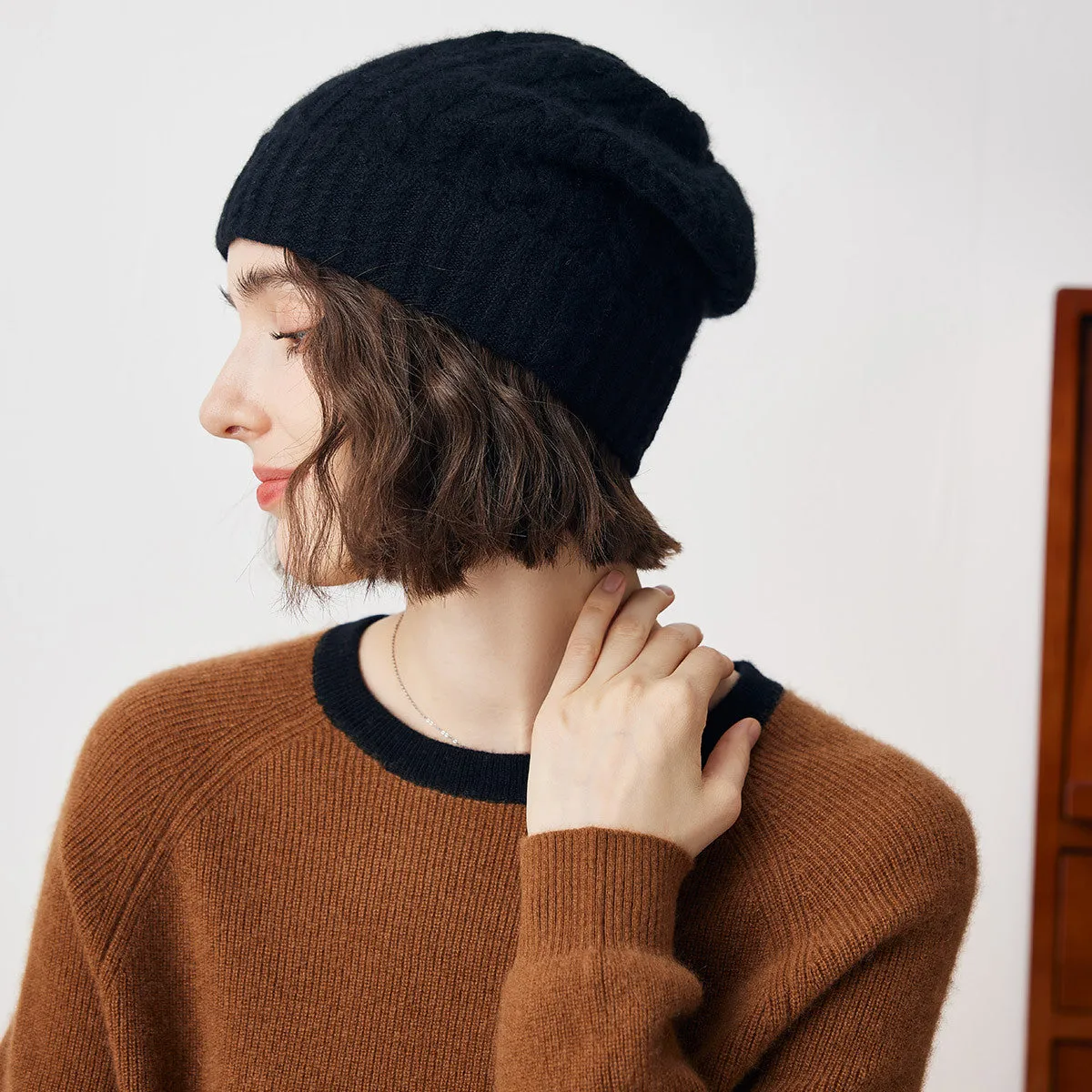 100% Cashmere Cable Slouchy Beanie