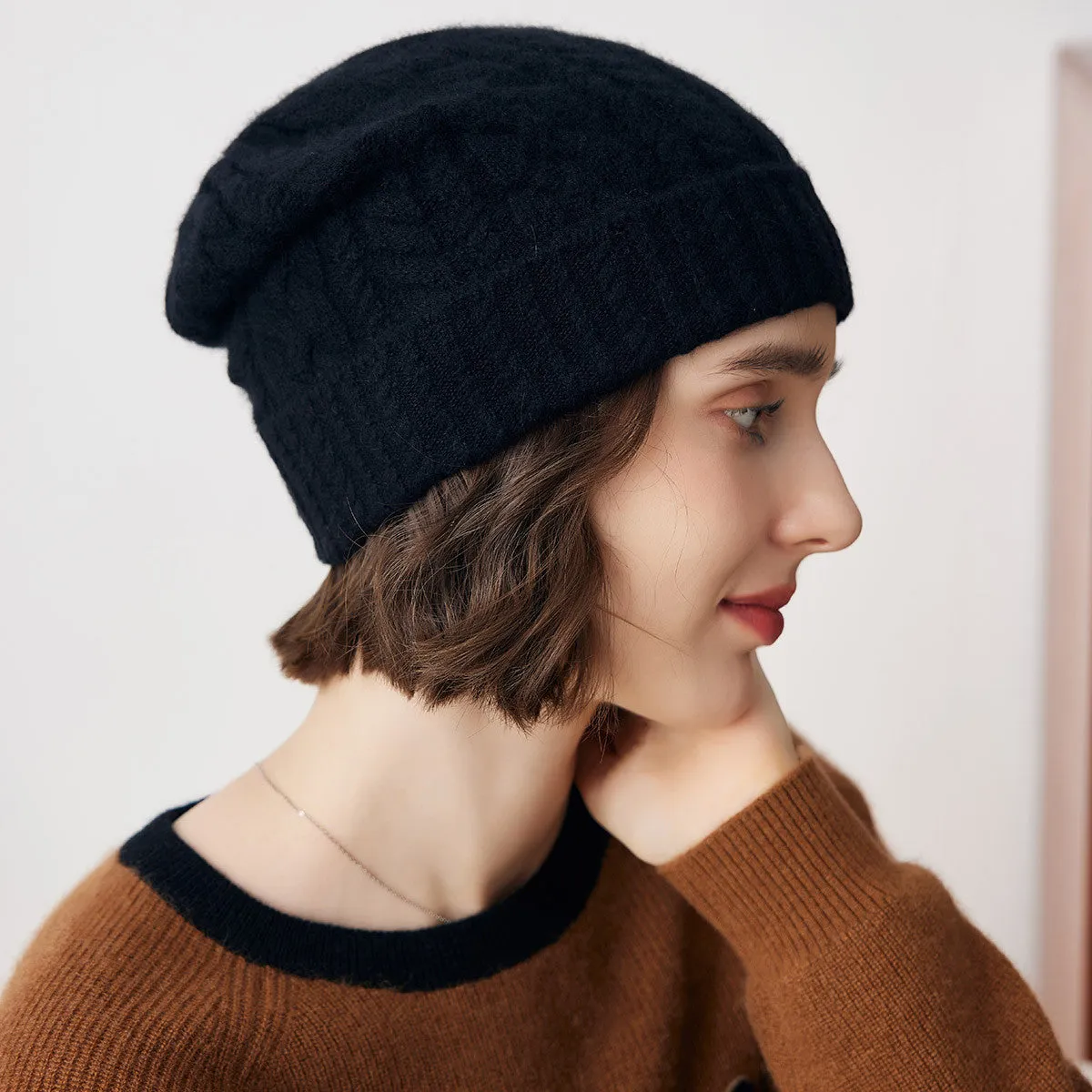 100% Cashmere Cable Slouchy Beanie