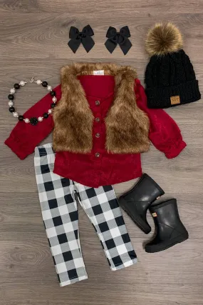 3 Piece - Olivia Fur Vest Set - Burgundy/Buffalo Plaid