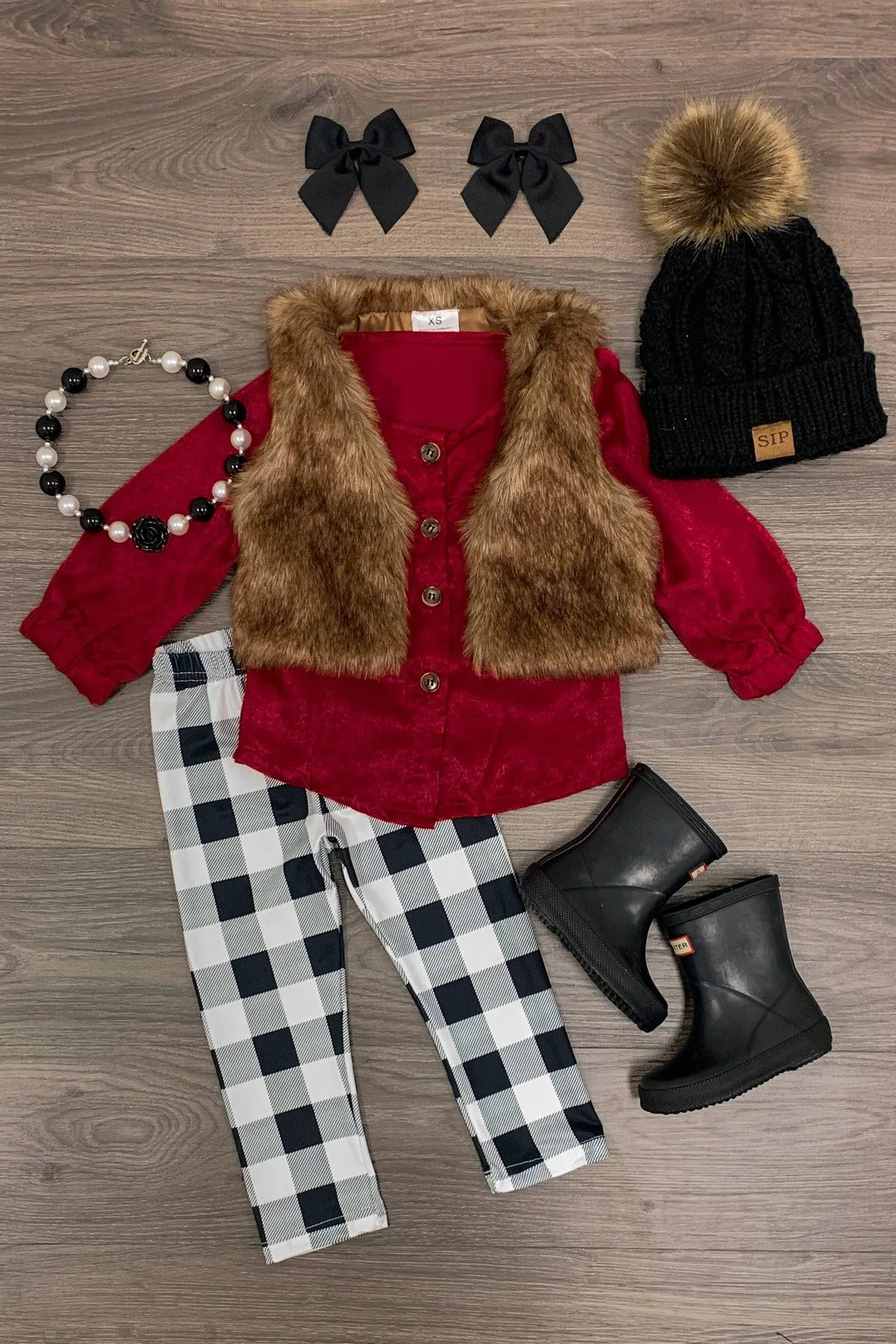 3 Piece - Olivia Fur Vest Set - Burgundy/Buffalo Plaid