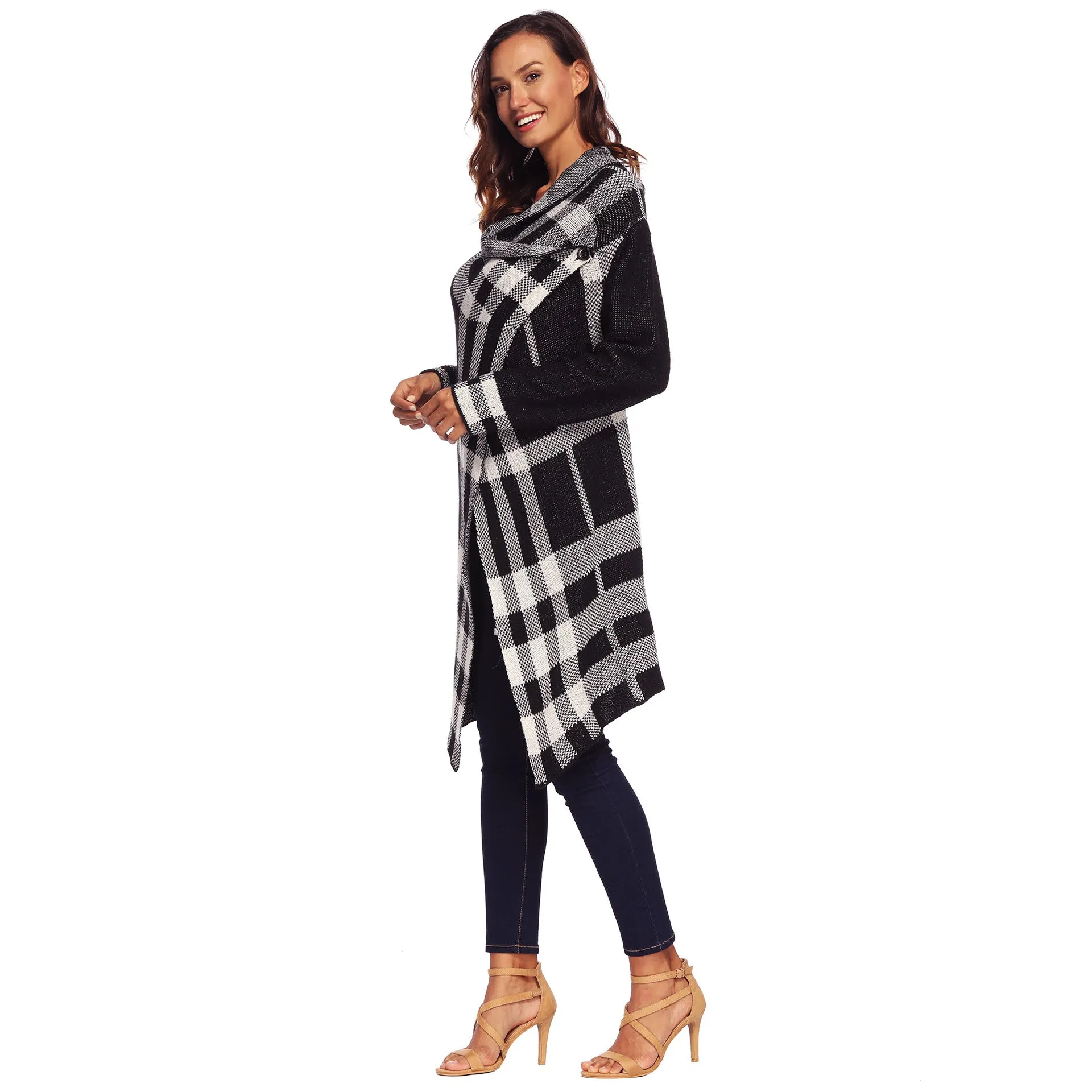 A Button Check Irregular Medium Style Cardigan