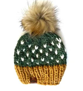 Adult Knit Heart Pom Hat | Mustard   Green   Off White