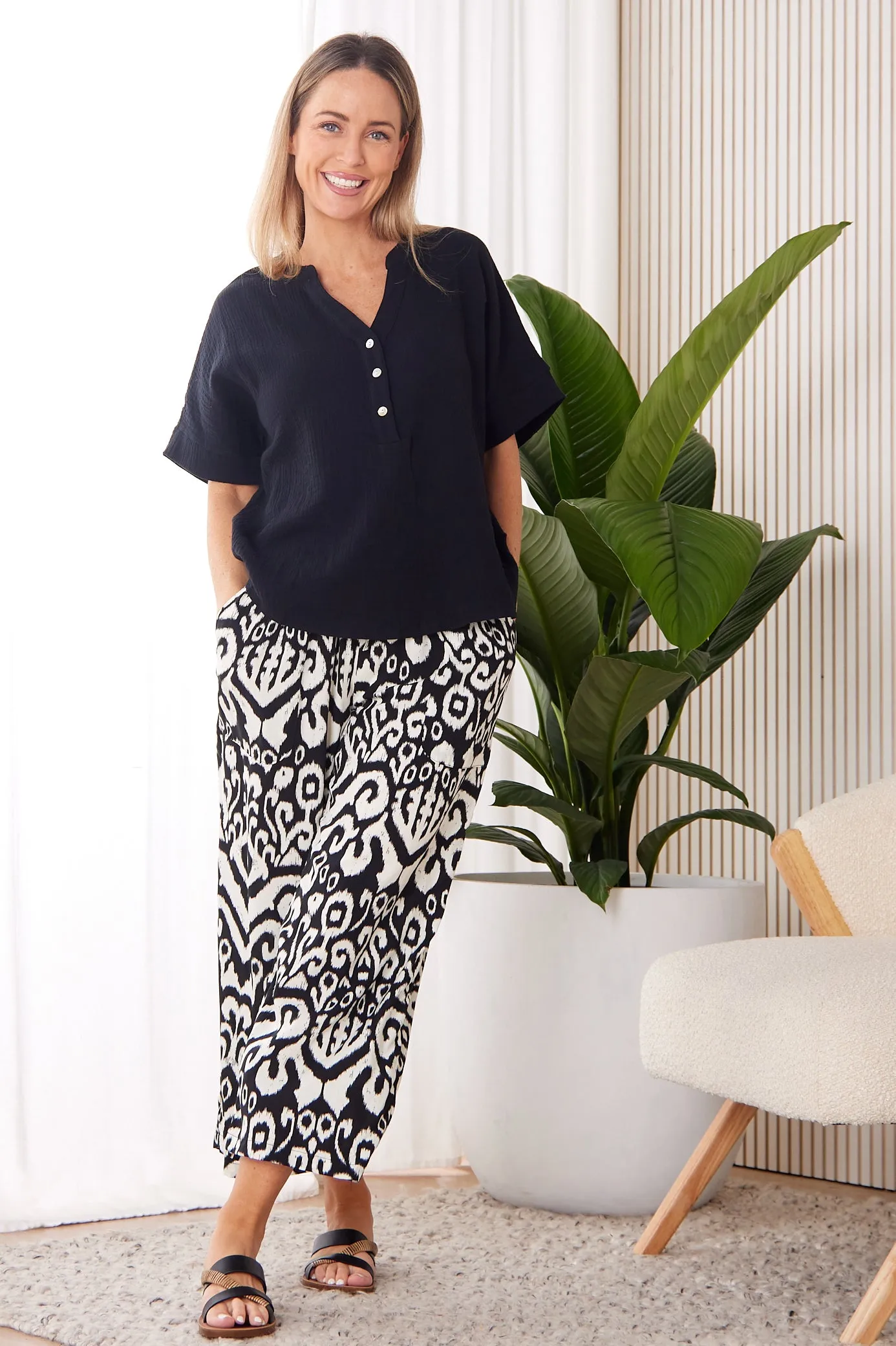 Aiko Lightweight Pants - Black/Ivory Ikat