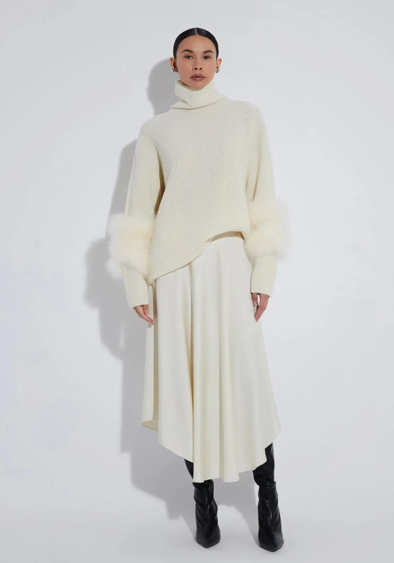 Airy Cashmere Silk Ribbed Turtleneck With Marabou