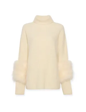 Airy Cashmere Silk Ribbed Turtleneck With Marabou