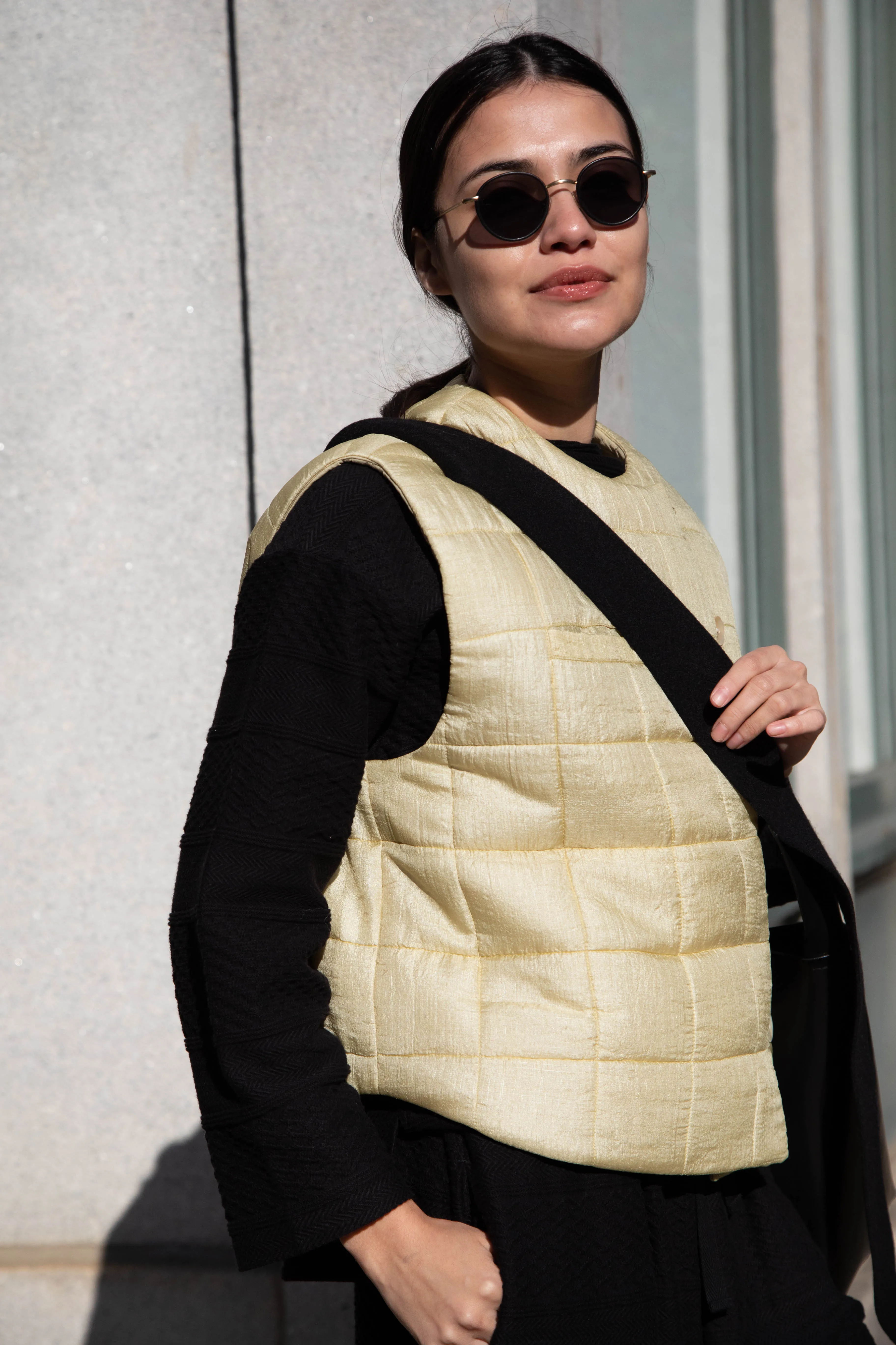 Anaak Ledha Quilted Vest in Sulphur Tussar Silk