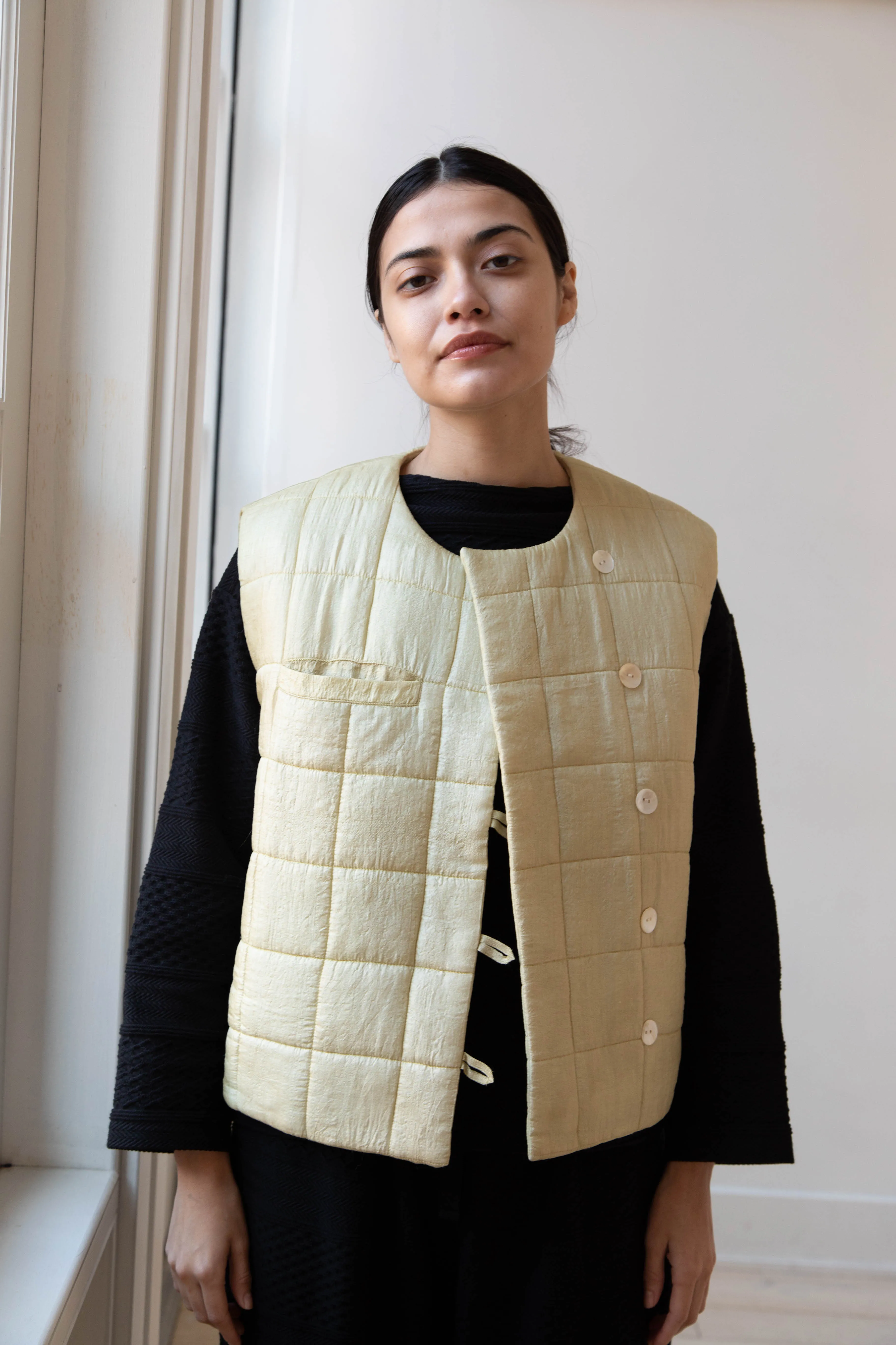 Anaak Ledha Quilted Vest in Sulphur Tussar Silk