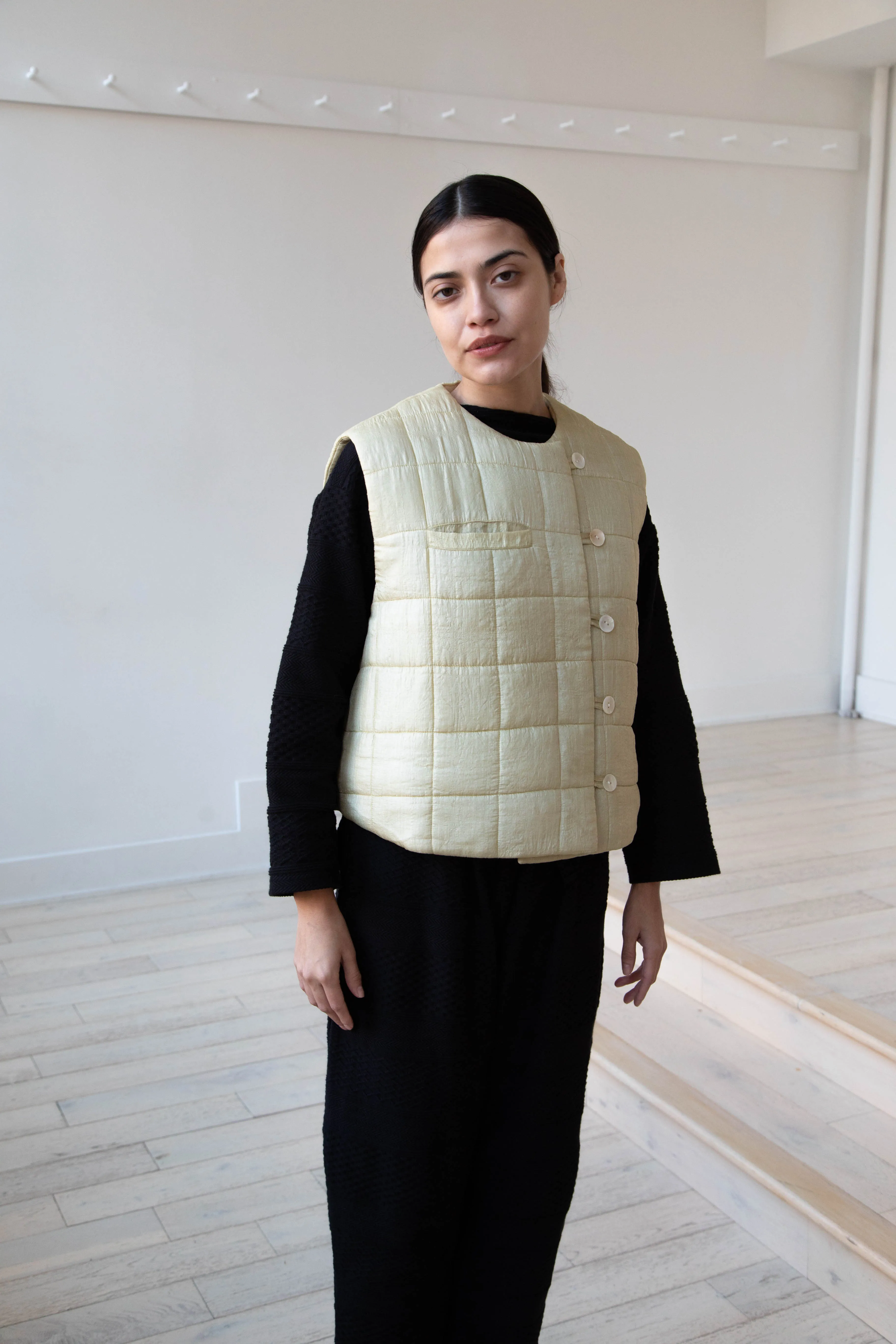 Anaak Ledha Quilted Vest in Sulphur Tussar Silk