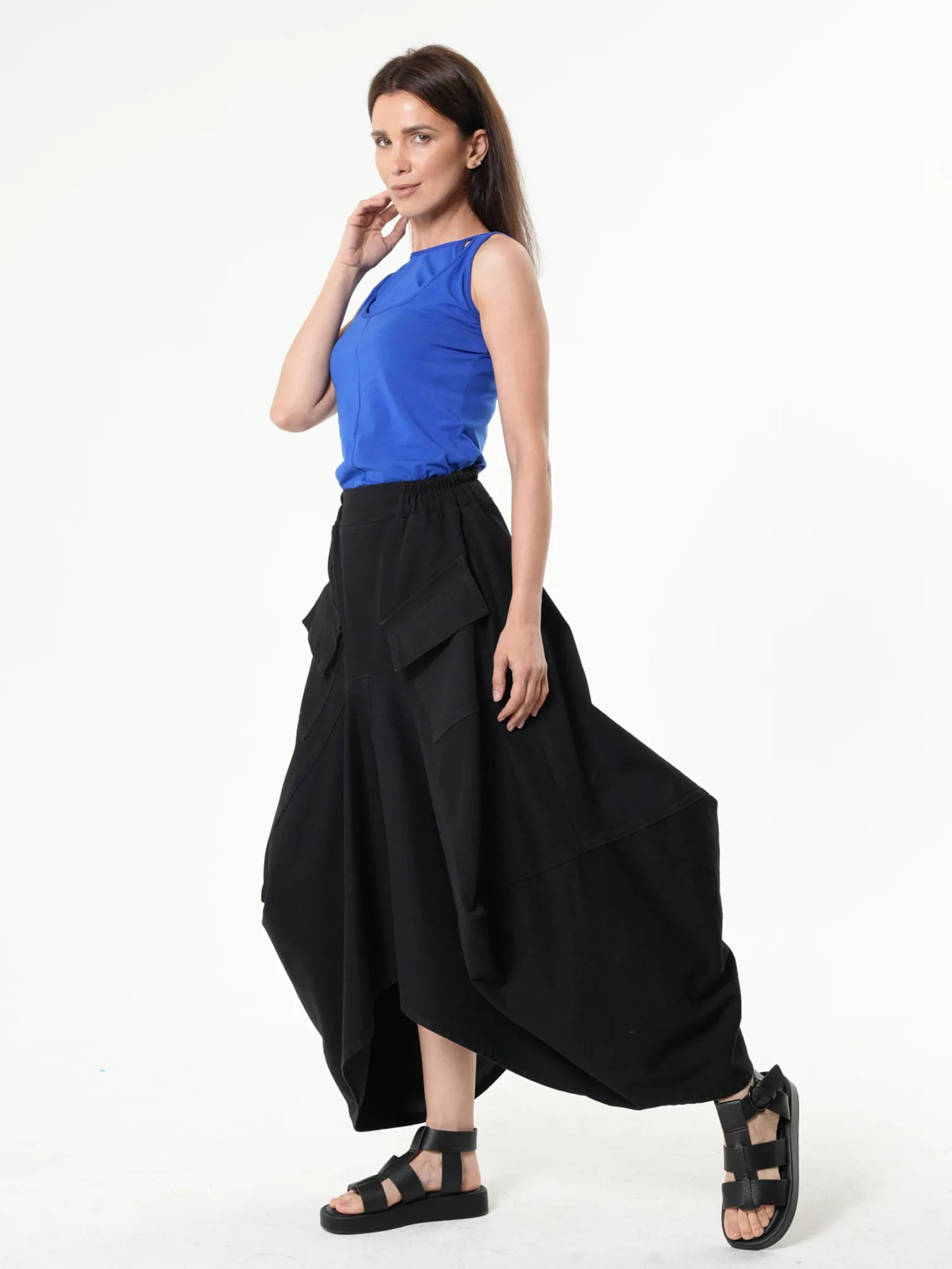 Asymmetrical Long Denim Skirt In Black