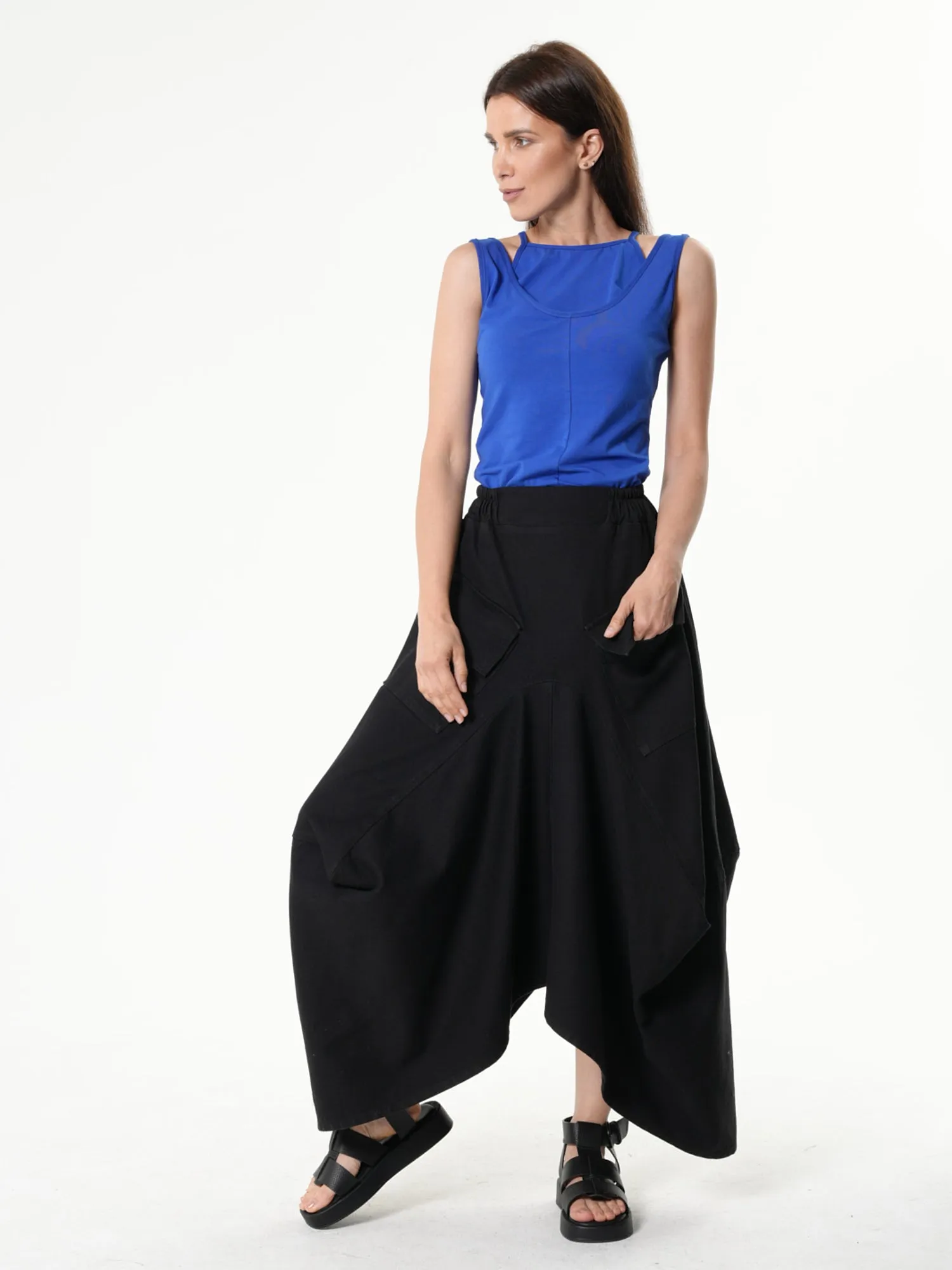 Asymmetrical Long Denim Skirt In Black