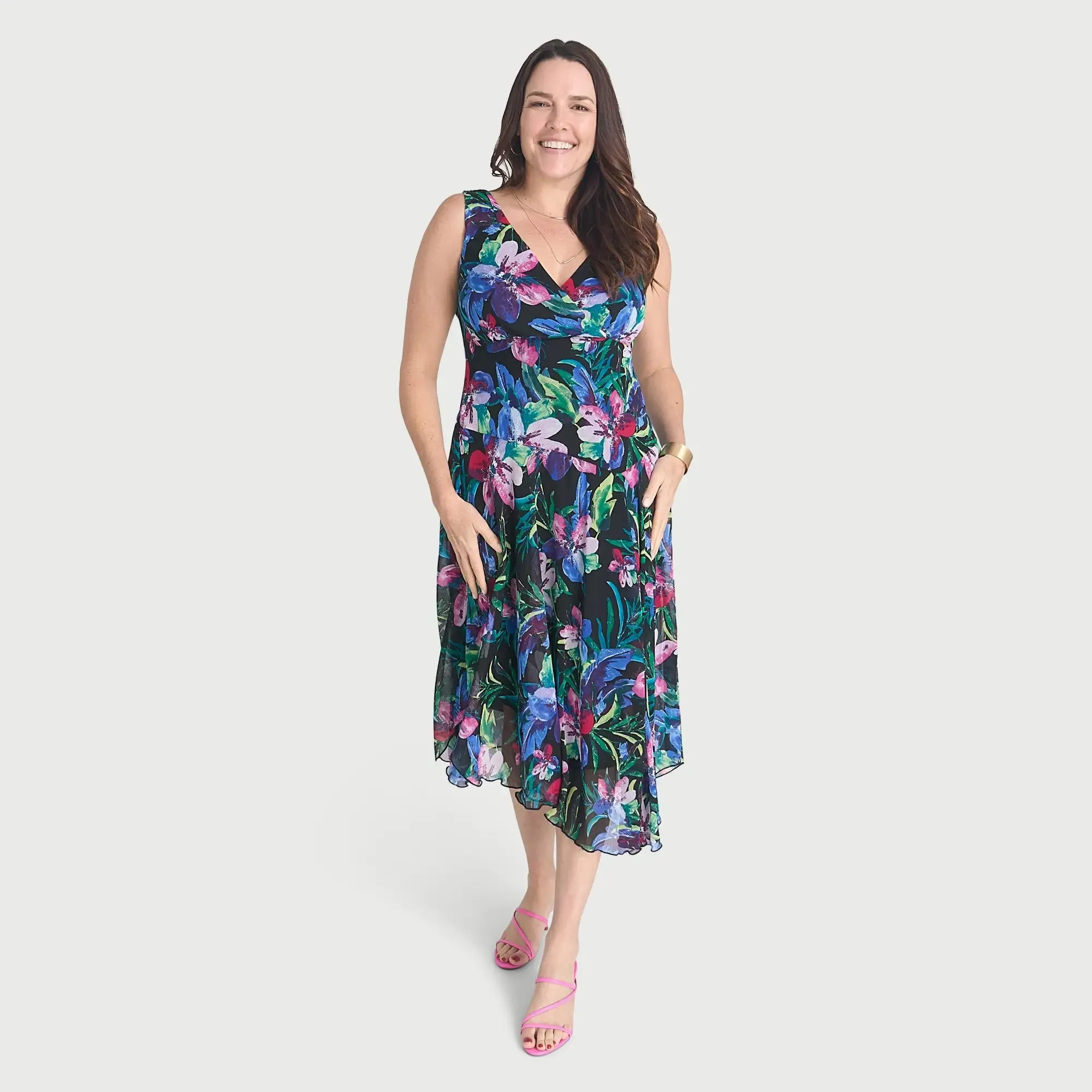 Audrey Black Floral Asymmetrical Midi Dress