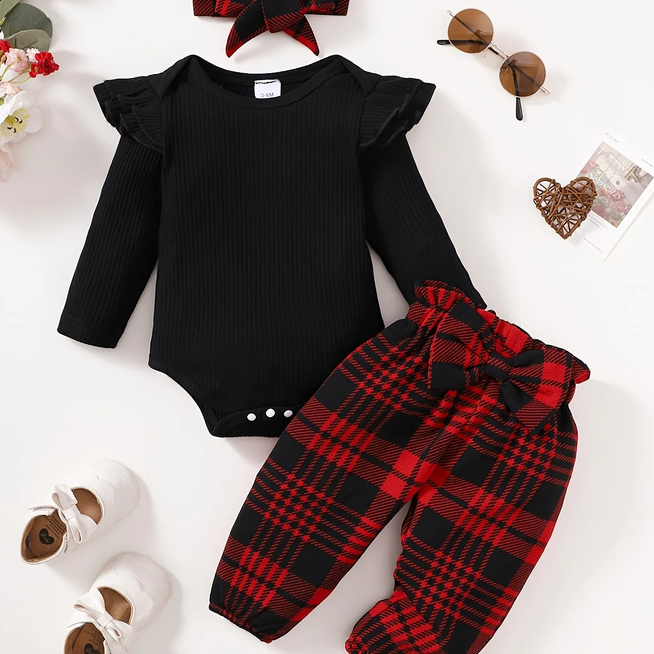 Baby Girls Flying Sleeve Romper Set with Plaid Trousers