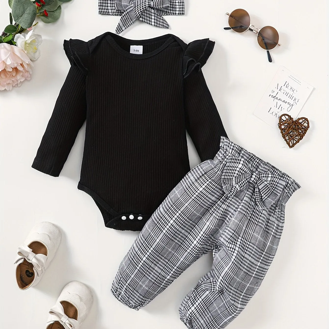 Baby Girls Flying Sleeve Romper Set with Plaid Trousers