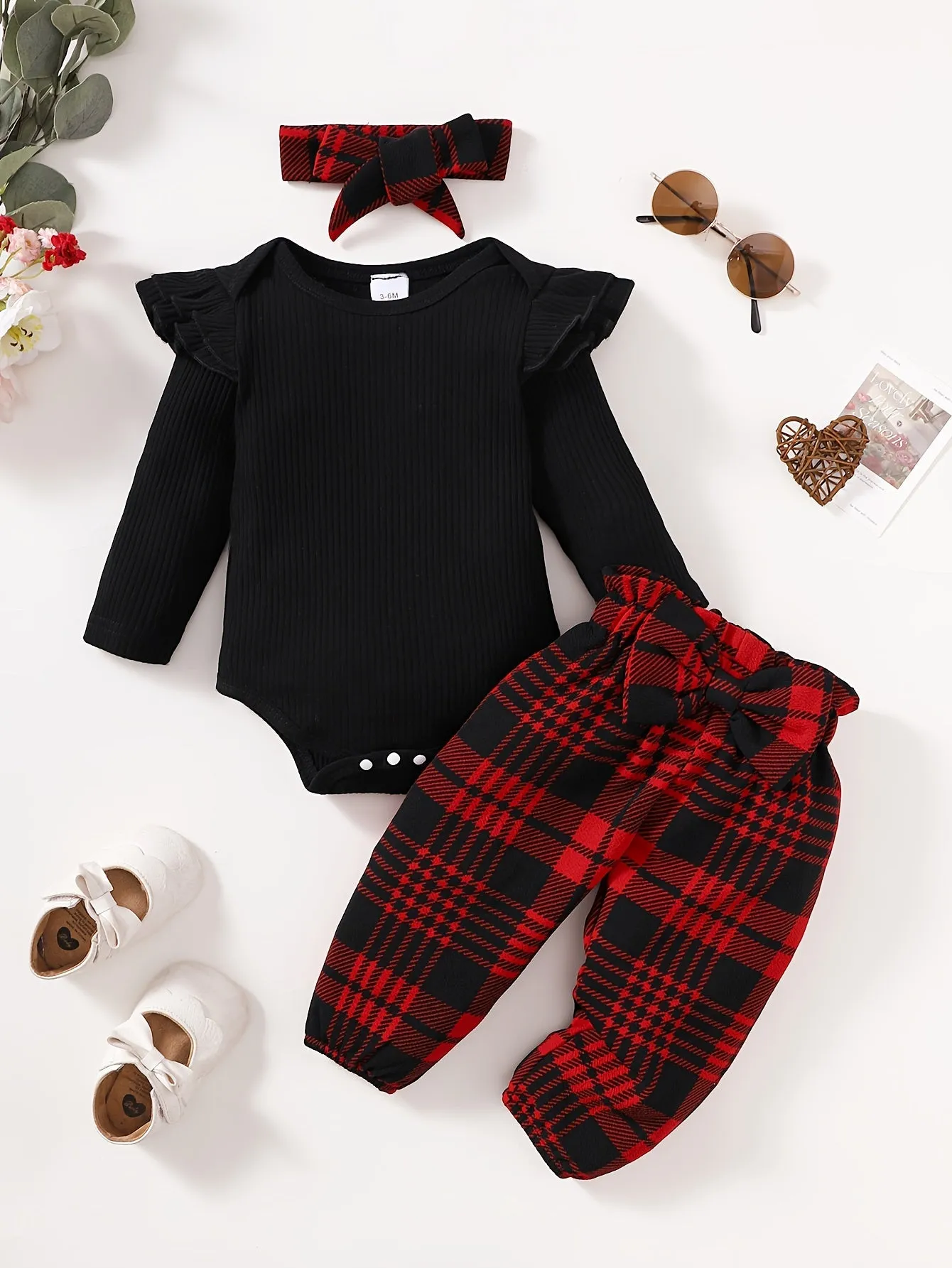 Baby Girls Flying Sleeve Romper Set with Plaid Trousers