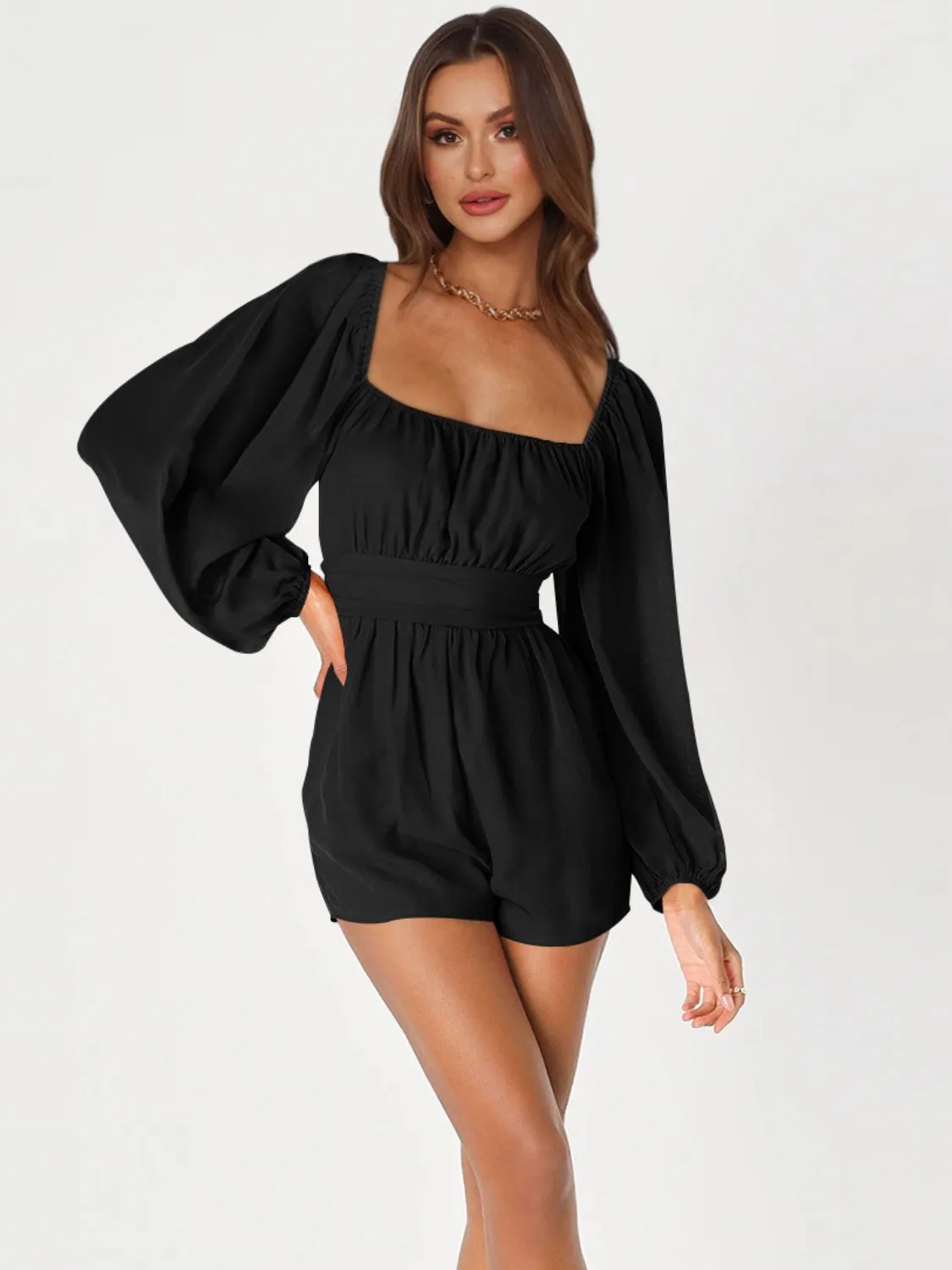 Balloon Sleeve Tie Back Romper