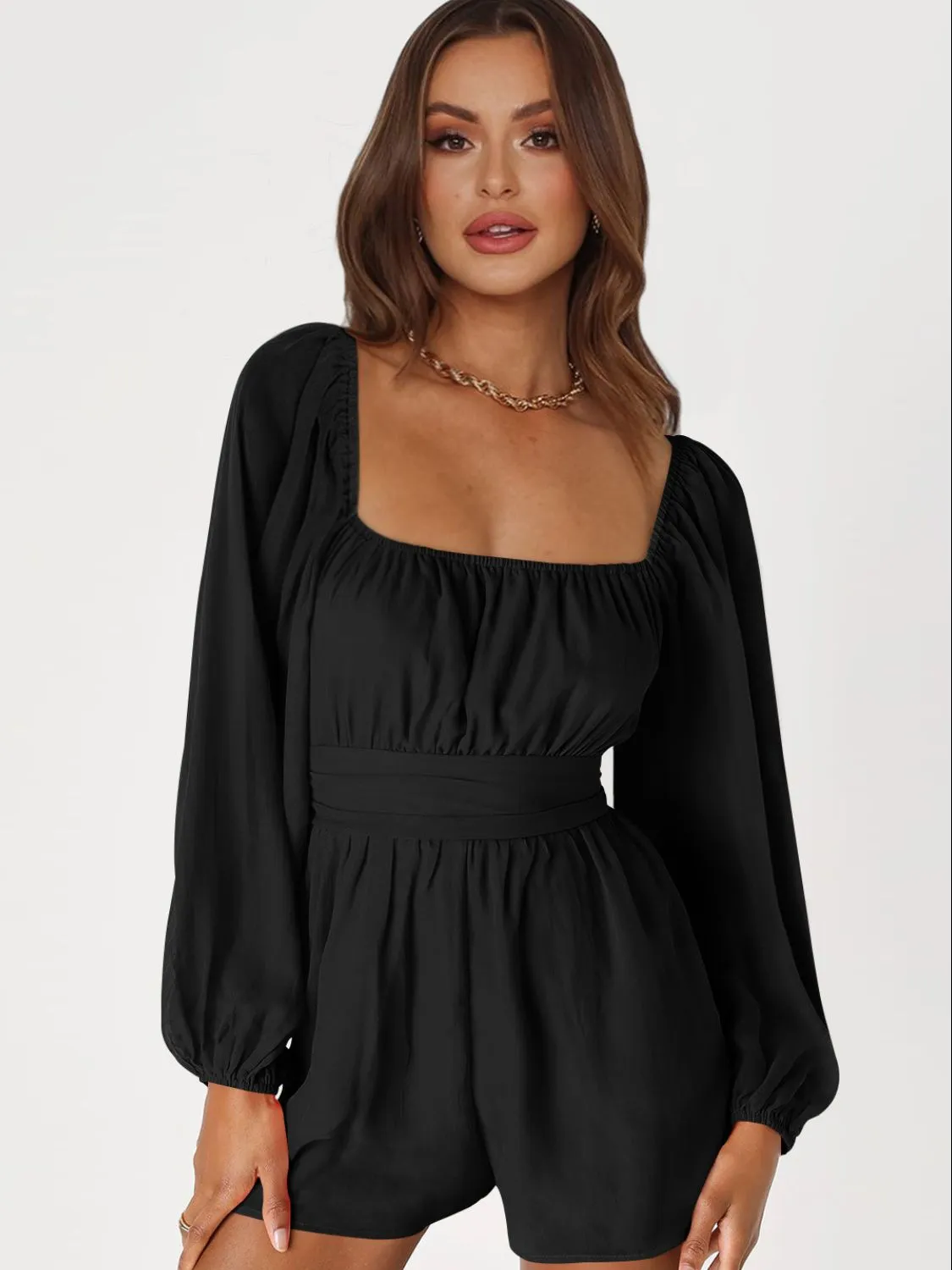 Balloon Sleeve Tie Back Romper