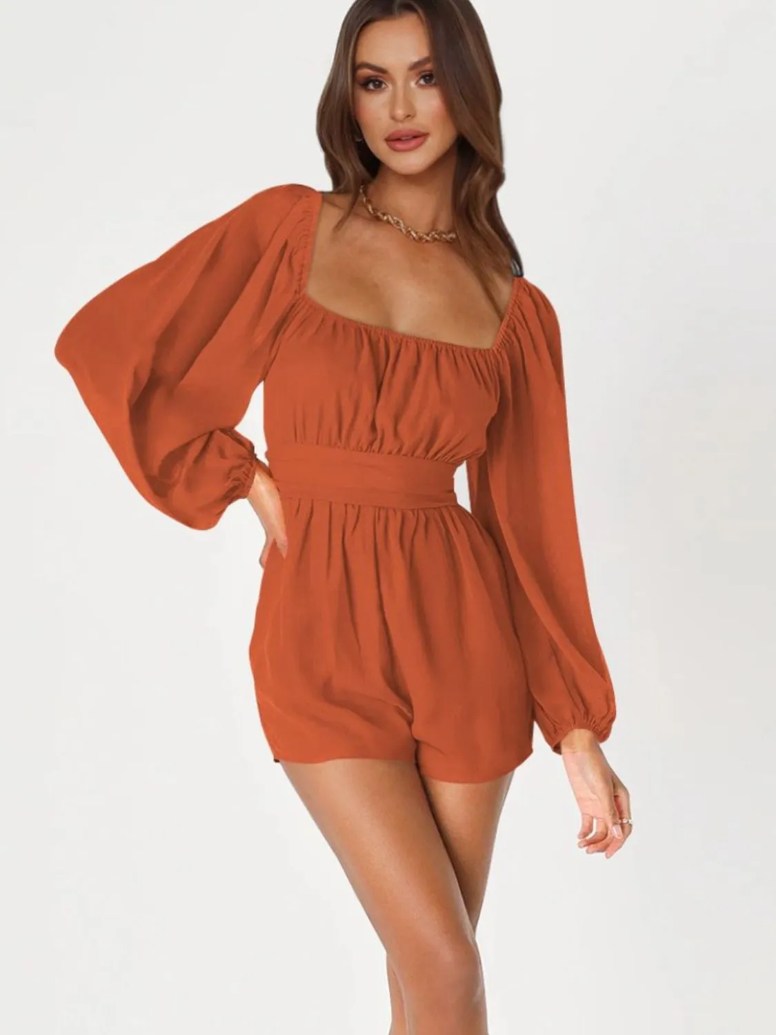 Balloon Sleeve Tie Back Romper