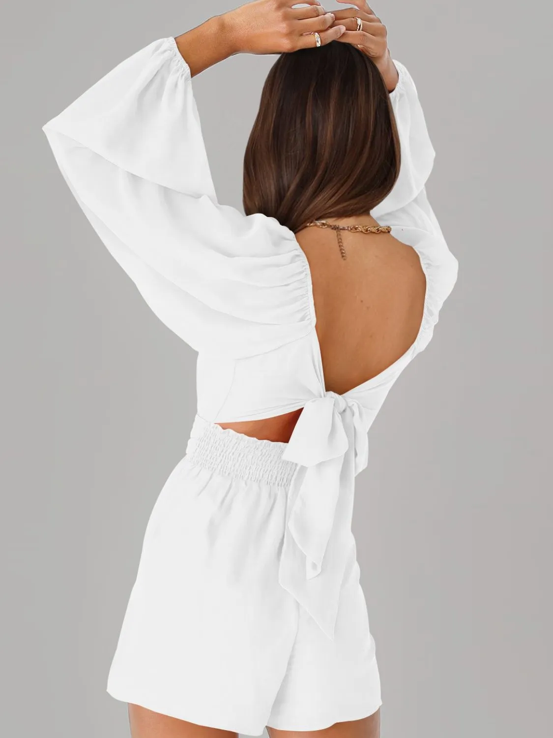 Balloon Sleeve Tie Back Romper