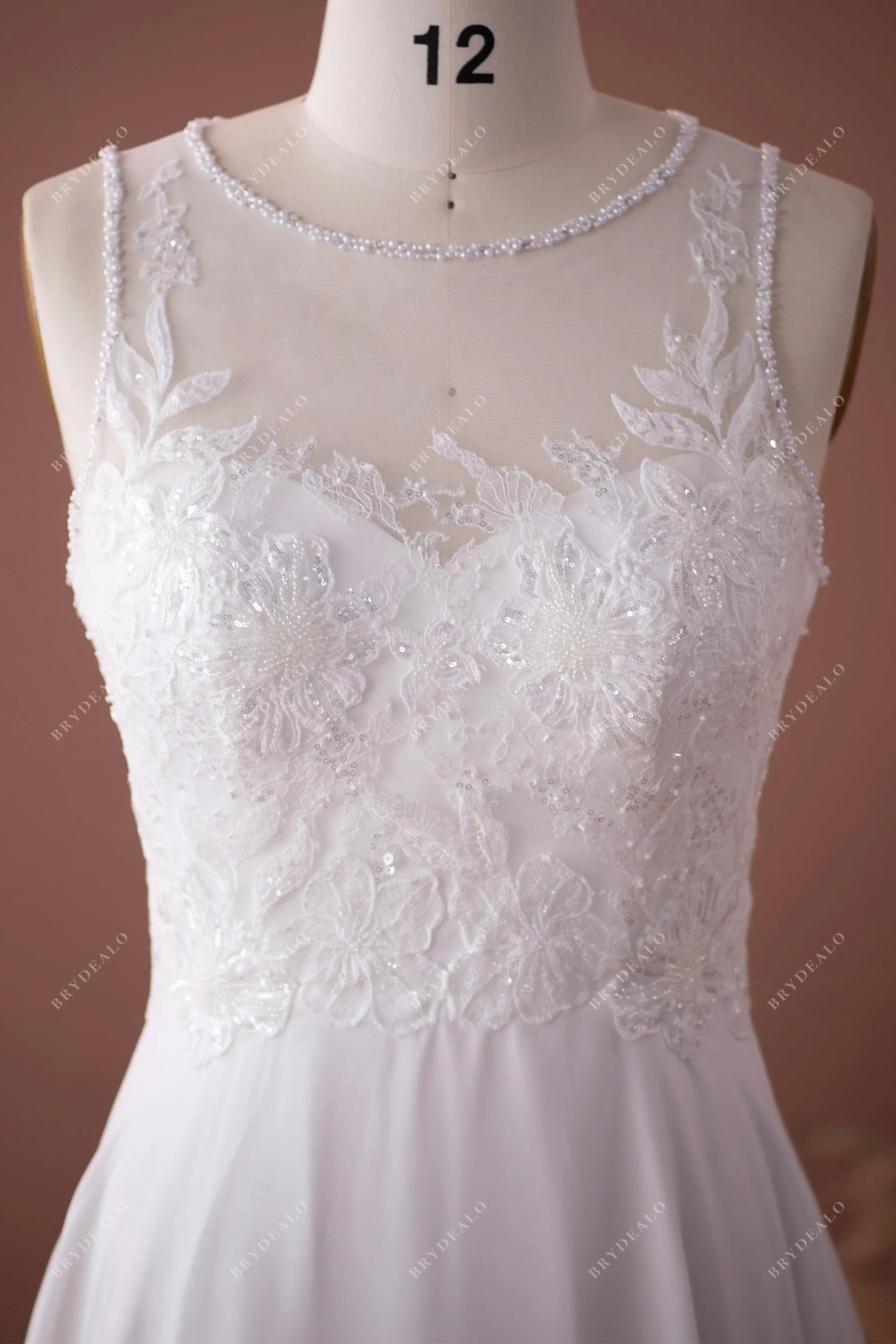 Beaded Illusion Neck Lace Chiffon Wedding Dress