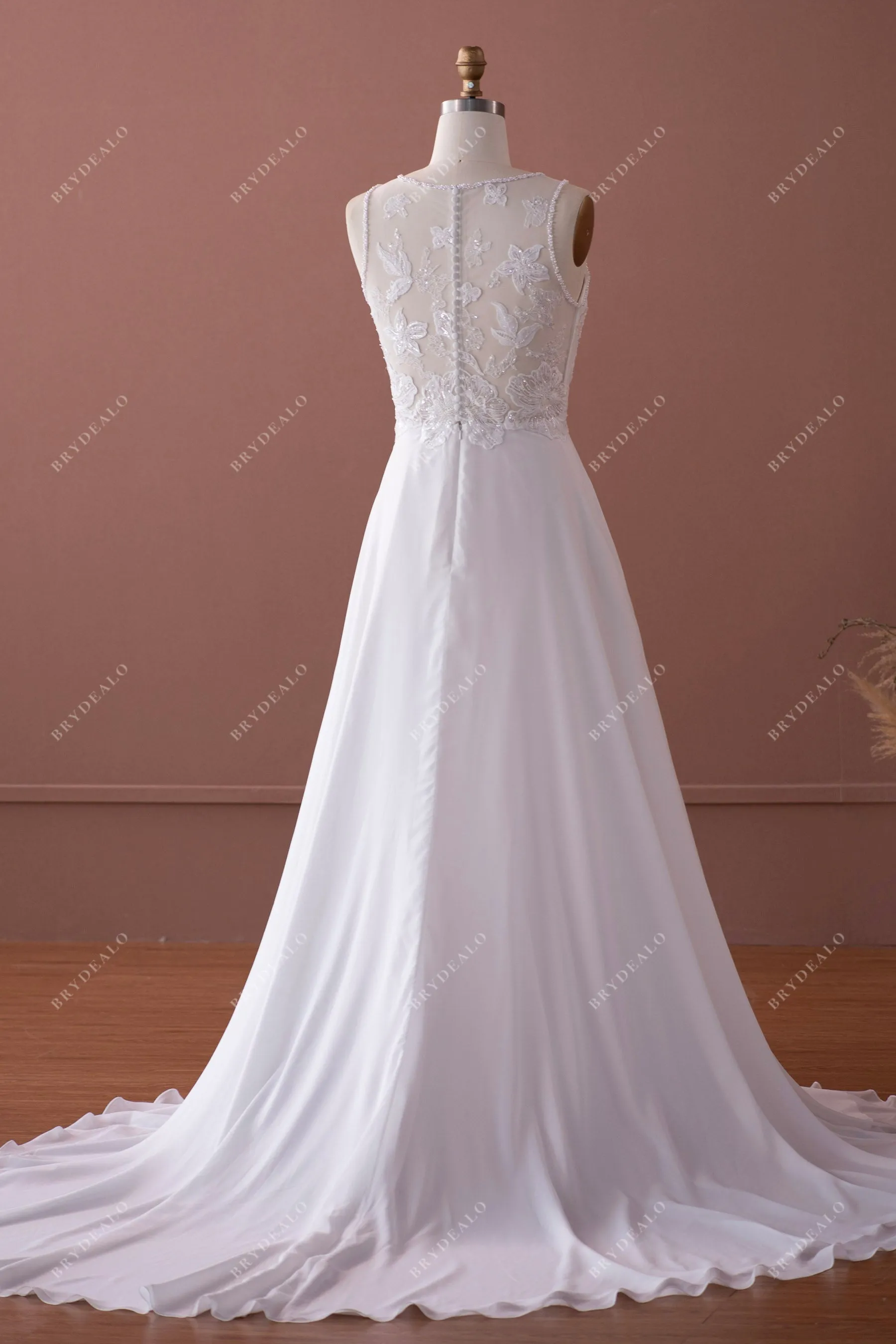 Beaded Illusion Neck Lace Chiffon Wedding Dress