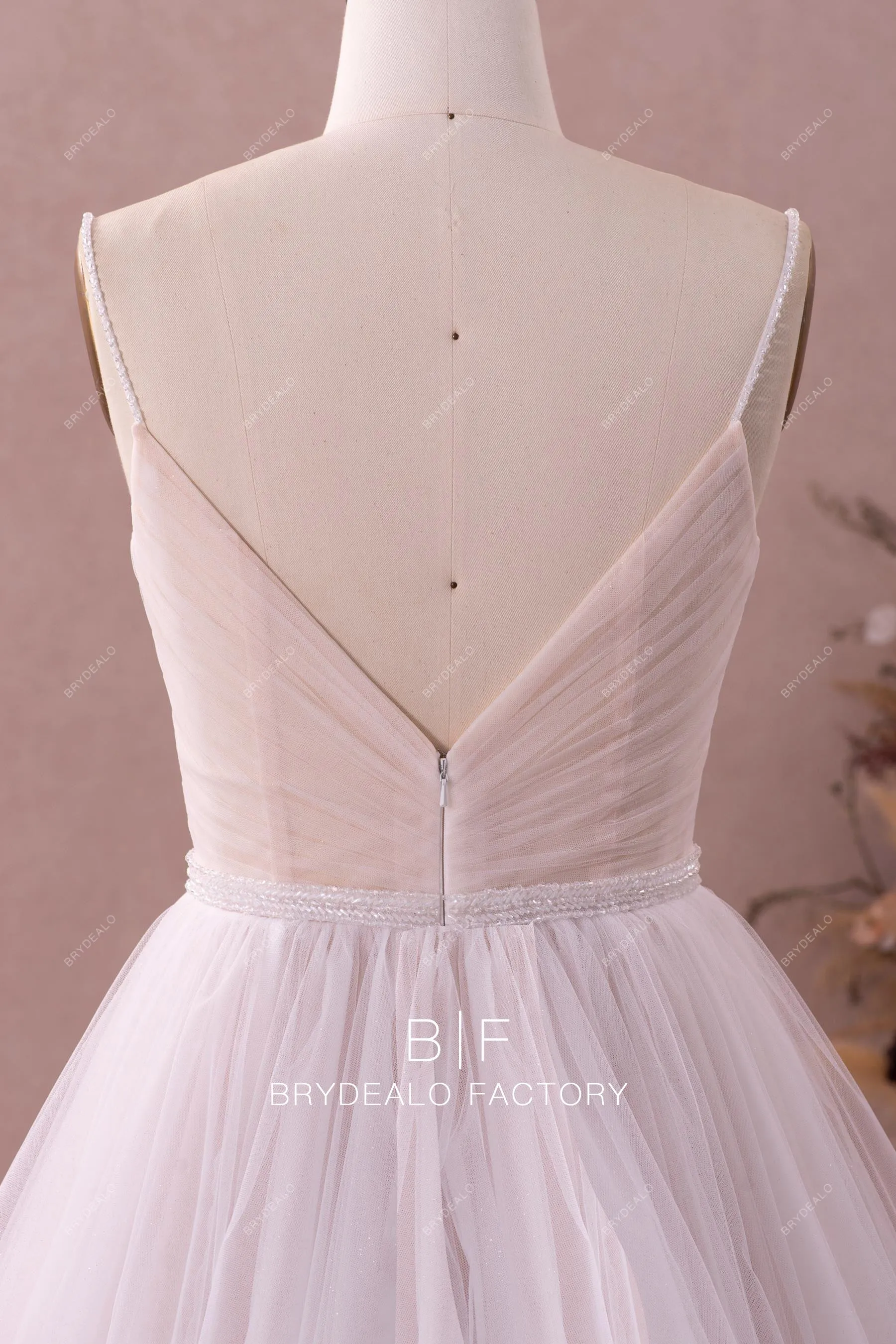 Beaded Straps Pleated V-neck A-line Tulle Wedding Dress