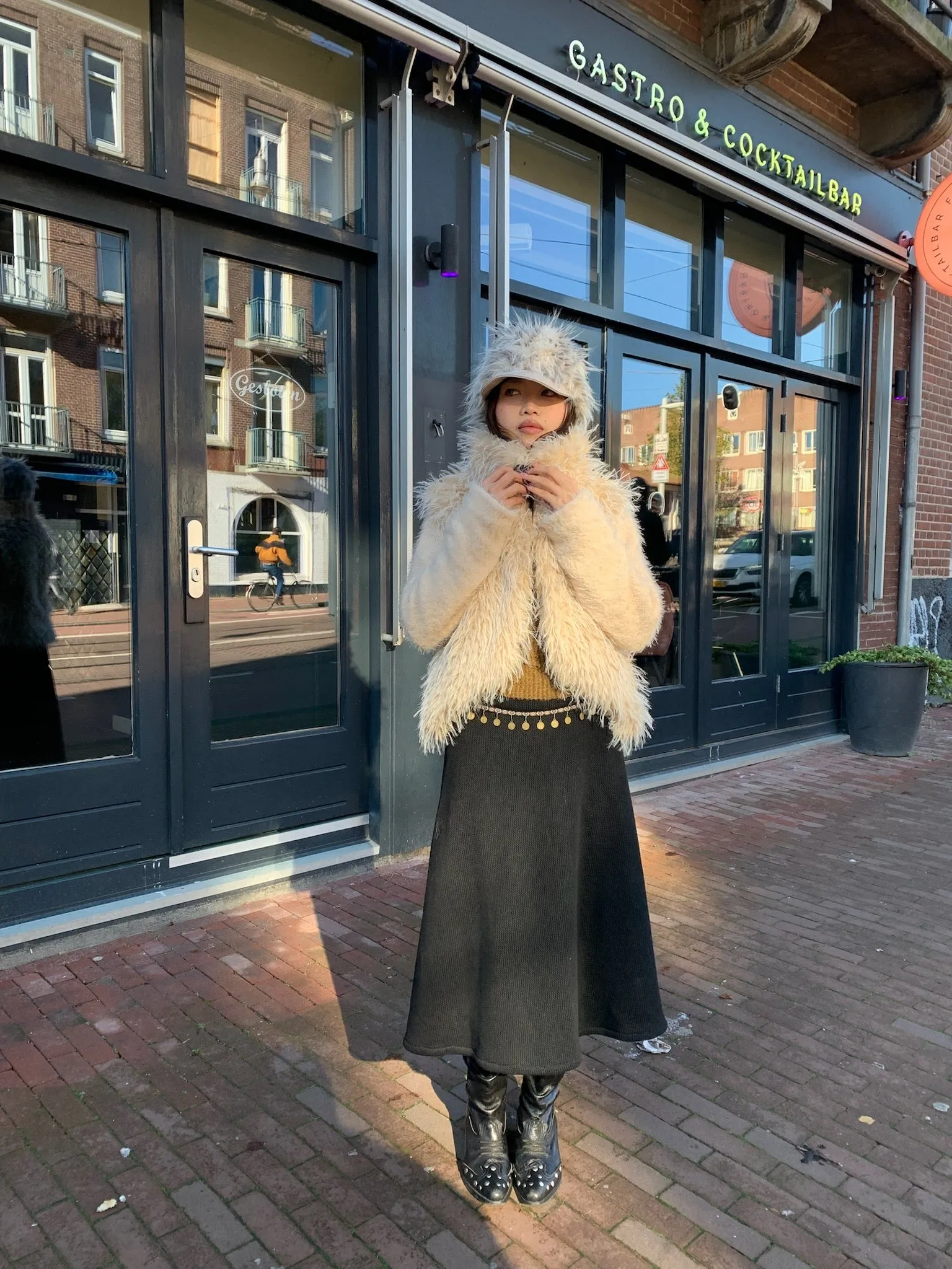 Beige warm faux fur coat with thick knit sleeves