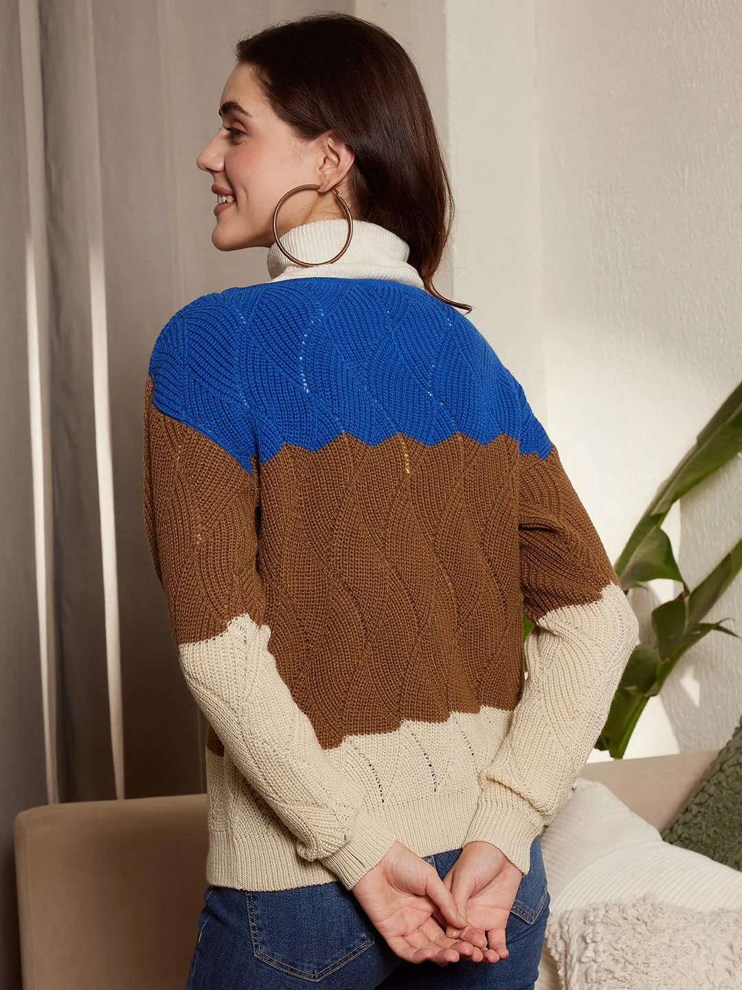 Berrylush Women Blue, Brown, & Beige Colourblocked Pattern Boat Neck Drop-Shoulder Sleeves Ribbed Hem Regular Sweater