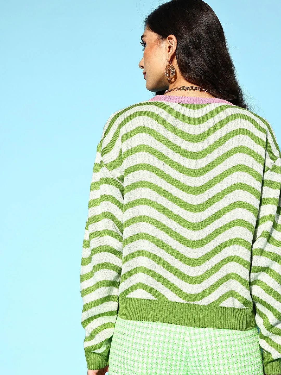 Berrylush Women Green & White Striped Pattern Round Neck Drop-Shoulder Sleeve Ribbed Hem Regular Pullover