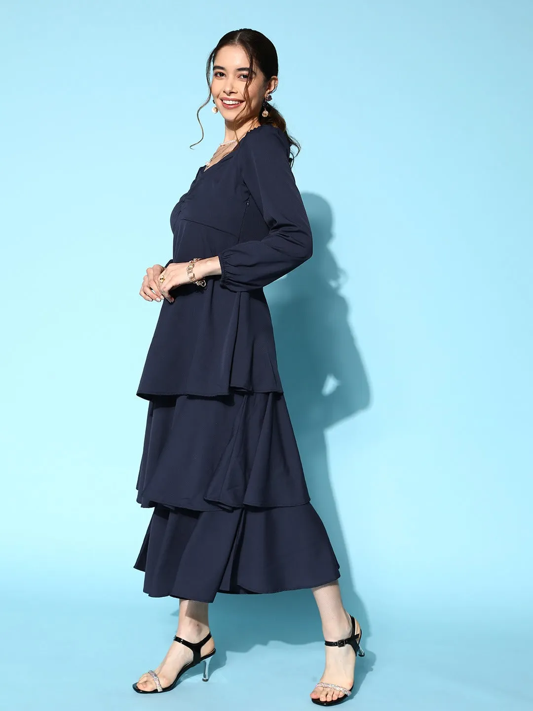 Berrylush Women Solid Navy Blue Sweetheart Neck Puff Sleeve Flounce Tiered A-Line Maxi Dress