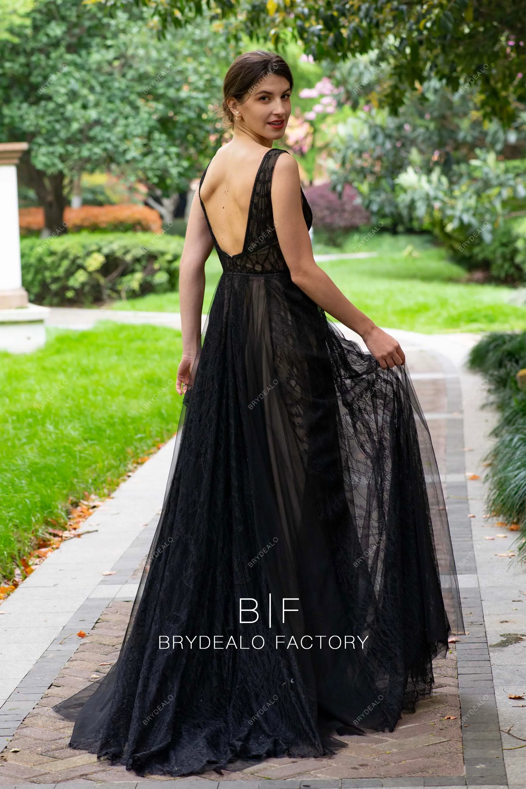 Black Plunging Neck Designer Lace Tulle Gothic Wedding Dress