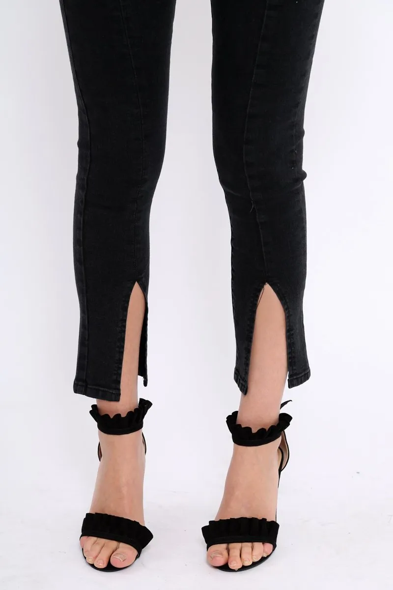 Black Split At Front Of Leg Skinny Jeans - Nola