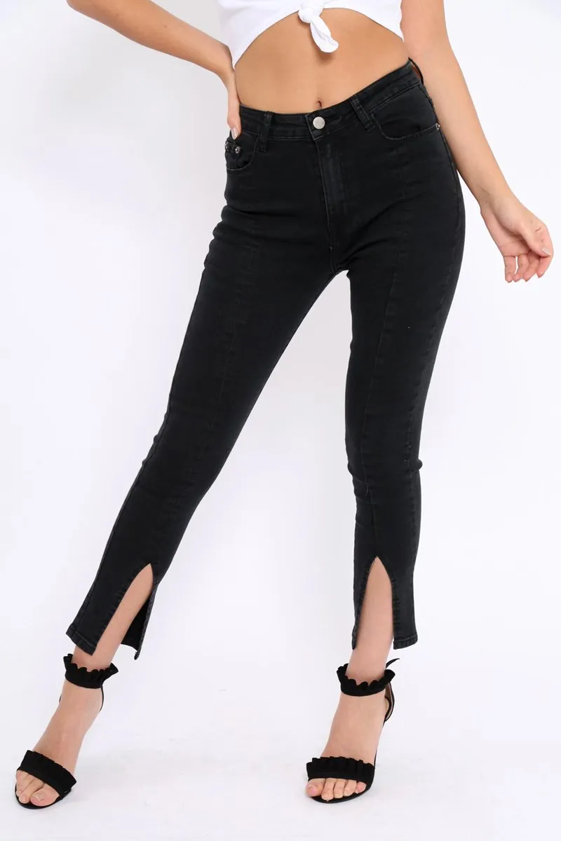 Black Split At Front Of Leg Skinny Jeans - Nola