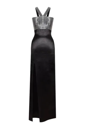 BLACK TEXTURED SATIN SLIT MAXI DRESS