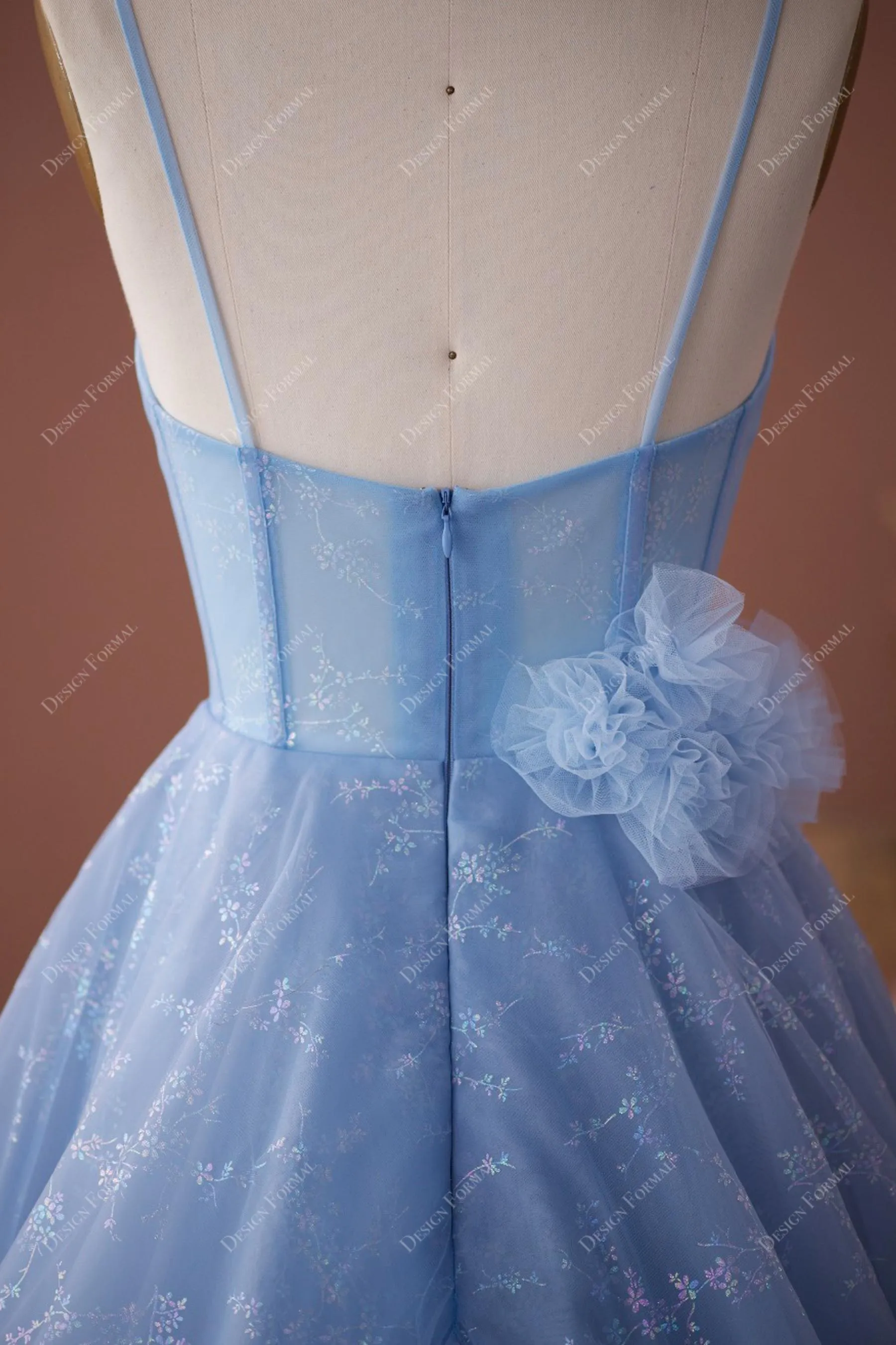 Blue Shimmery Print Tulle Ruffled High-Low Sweetheart Neck Prom Dress