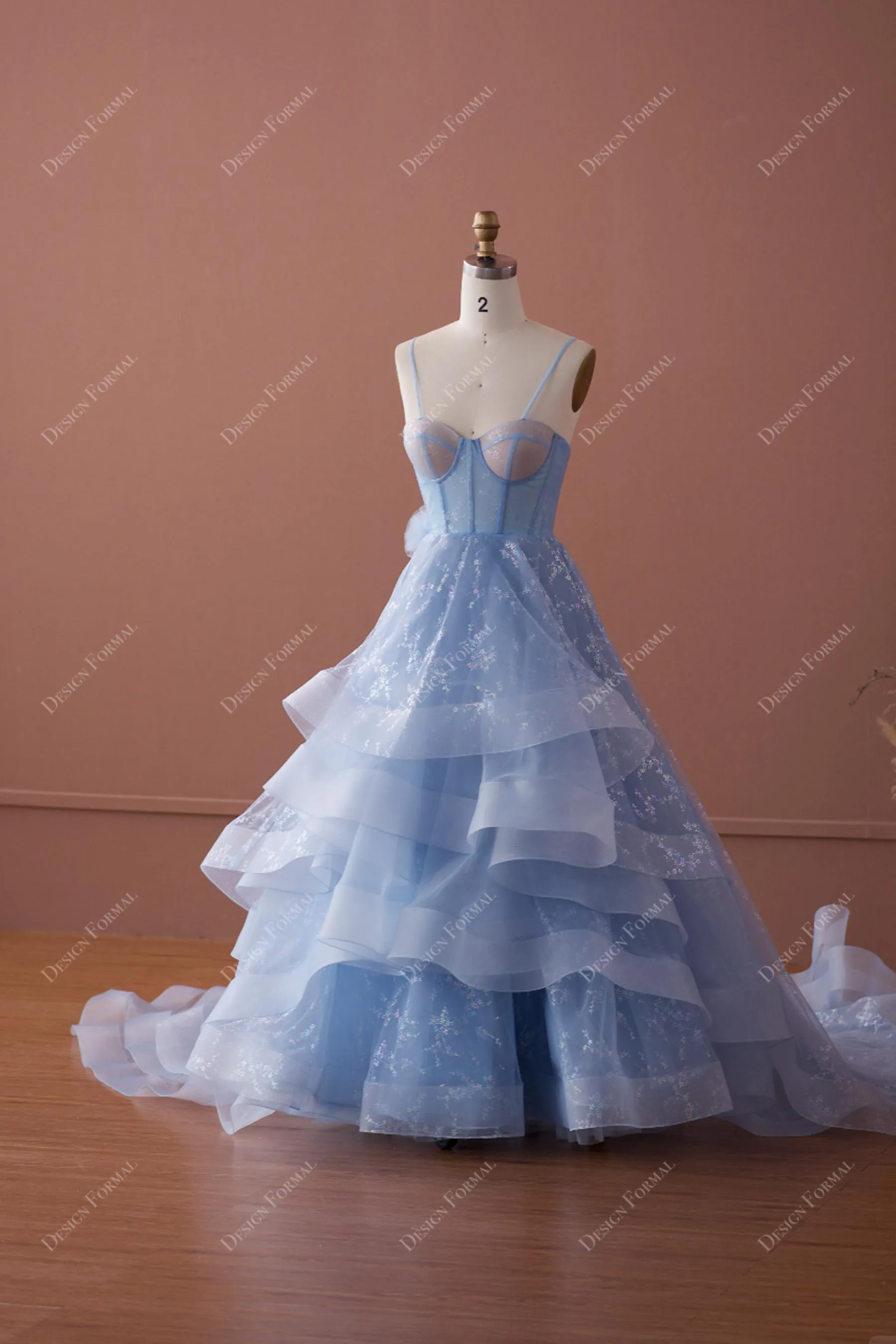 Blue Shimmery Print Tulle Ruffled High-Low Sweetheart Neck Prom Dress