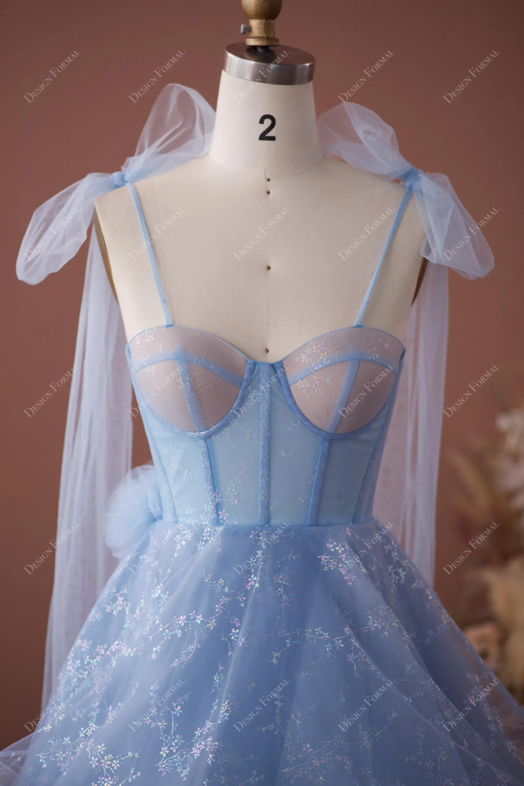 Blue Shimmery Print Tulle Ruffled High-Low Sweetheart Neck Prom Dress