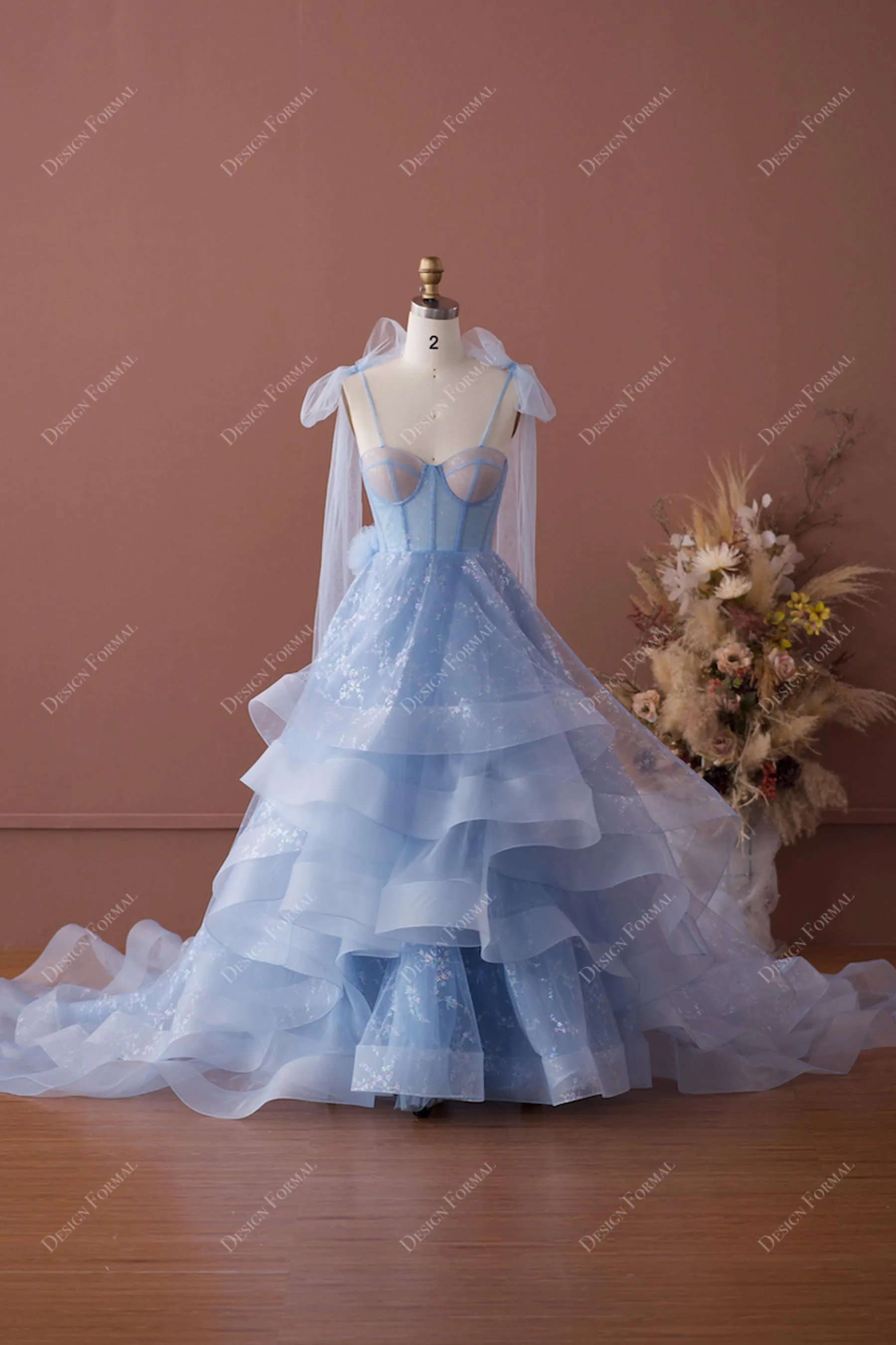 Blue Shimmery Print Tulle Ruffled High-Low Sweetheart Neck Prom Dress