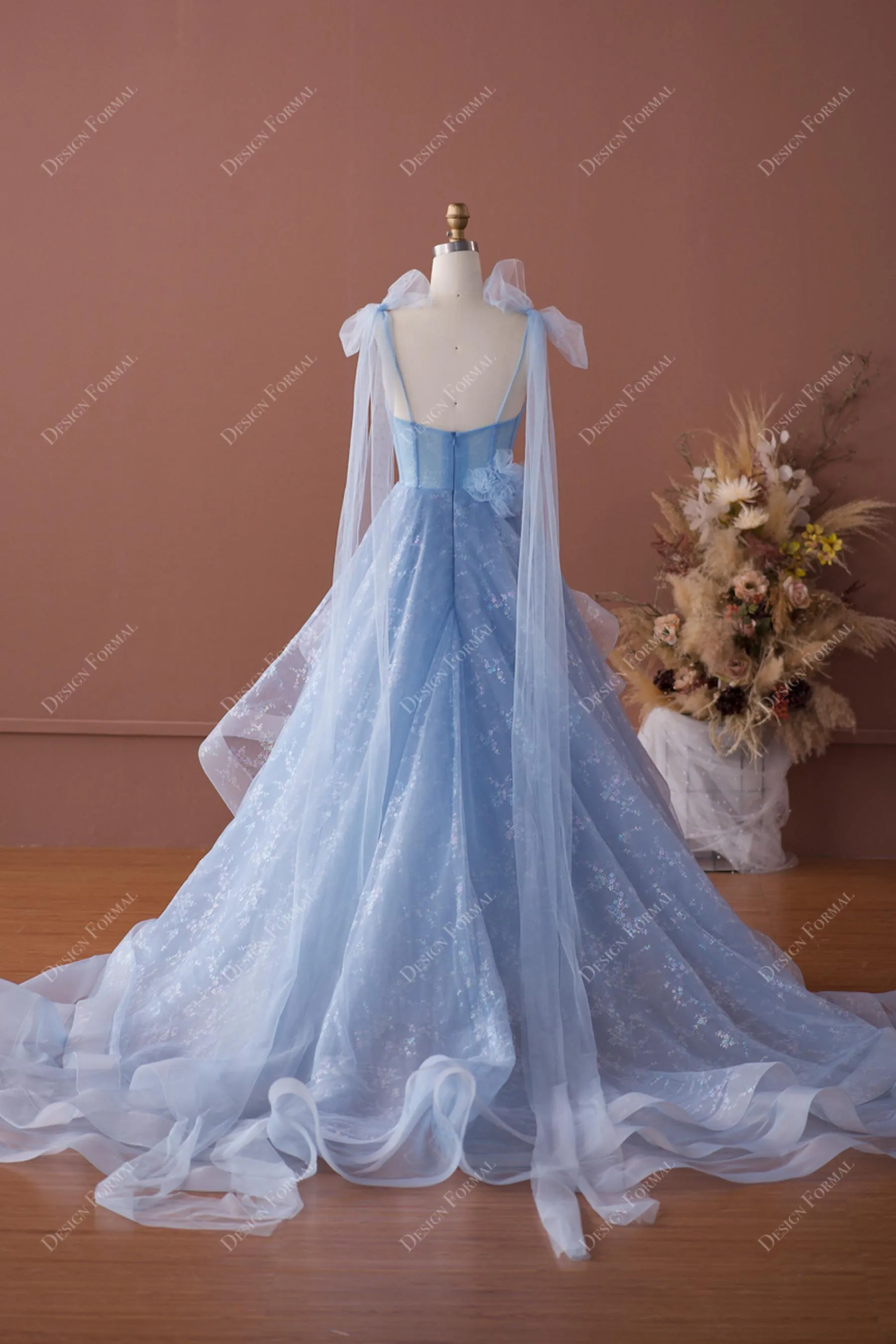 Blue Shimmery Print Tulle Ruffled High-Low Sweetheart Neck Prom Dress