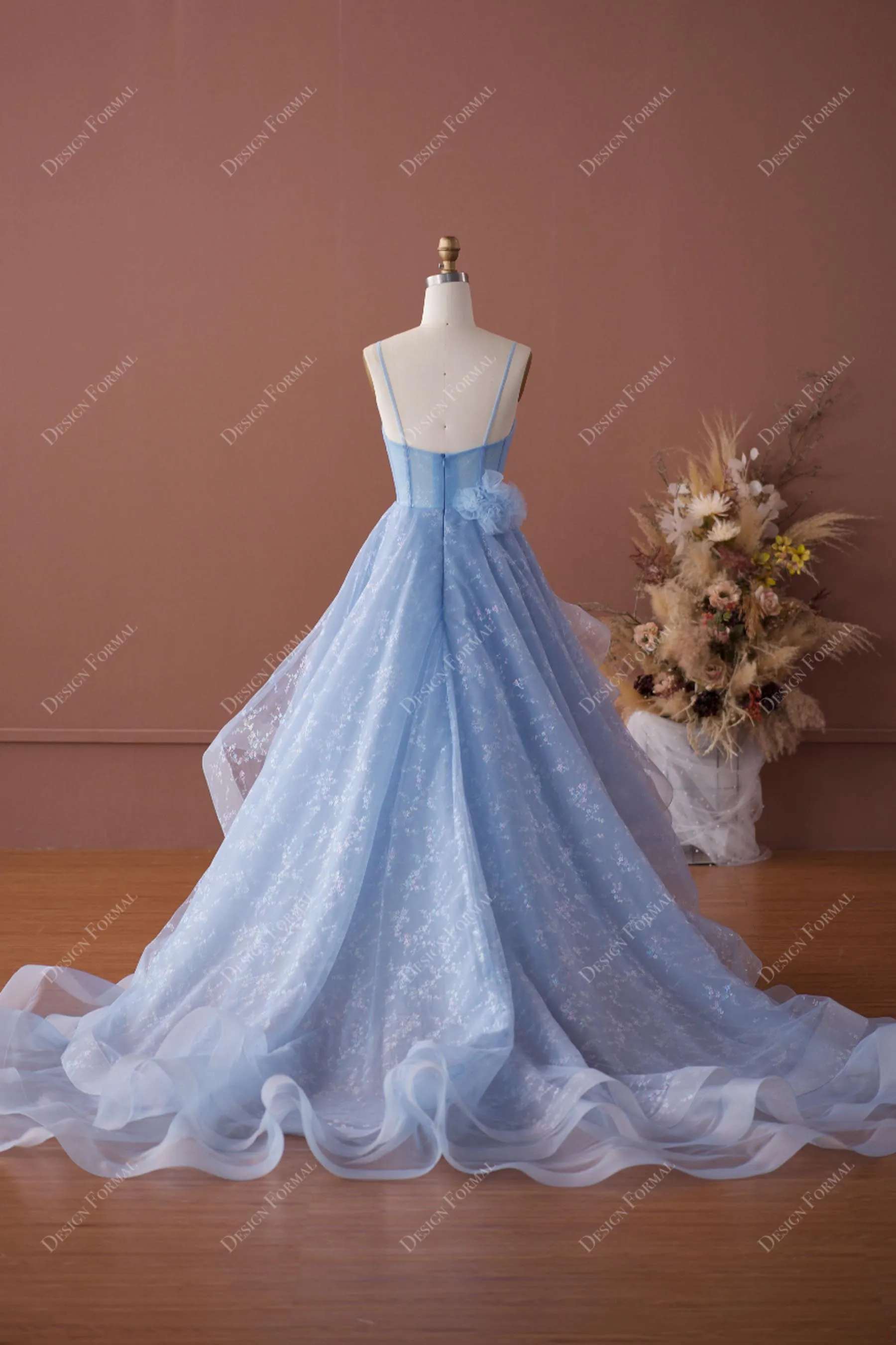 Blue Shimmery Print Tulle Ruffled High-Low Sweetheart Neck Prom Dress