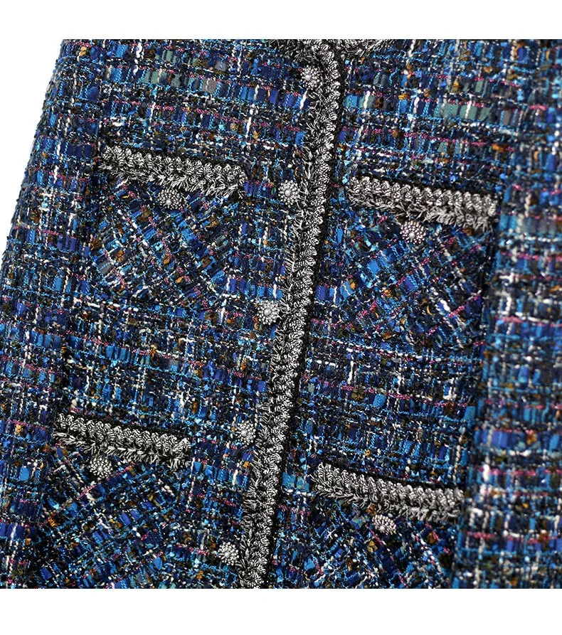 Blue Tweed Jacket for Women - High-End Socialite Classic