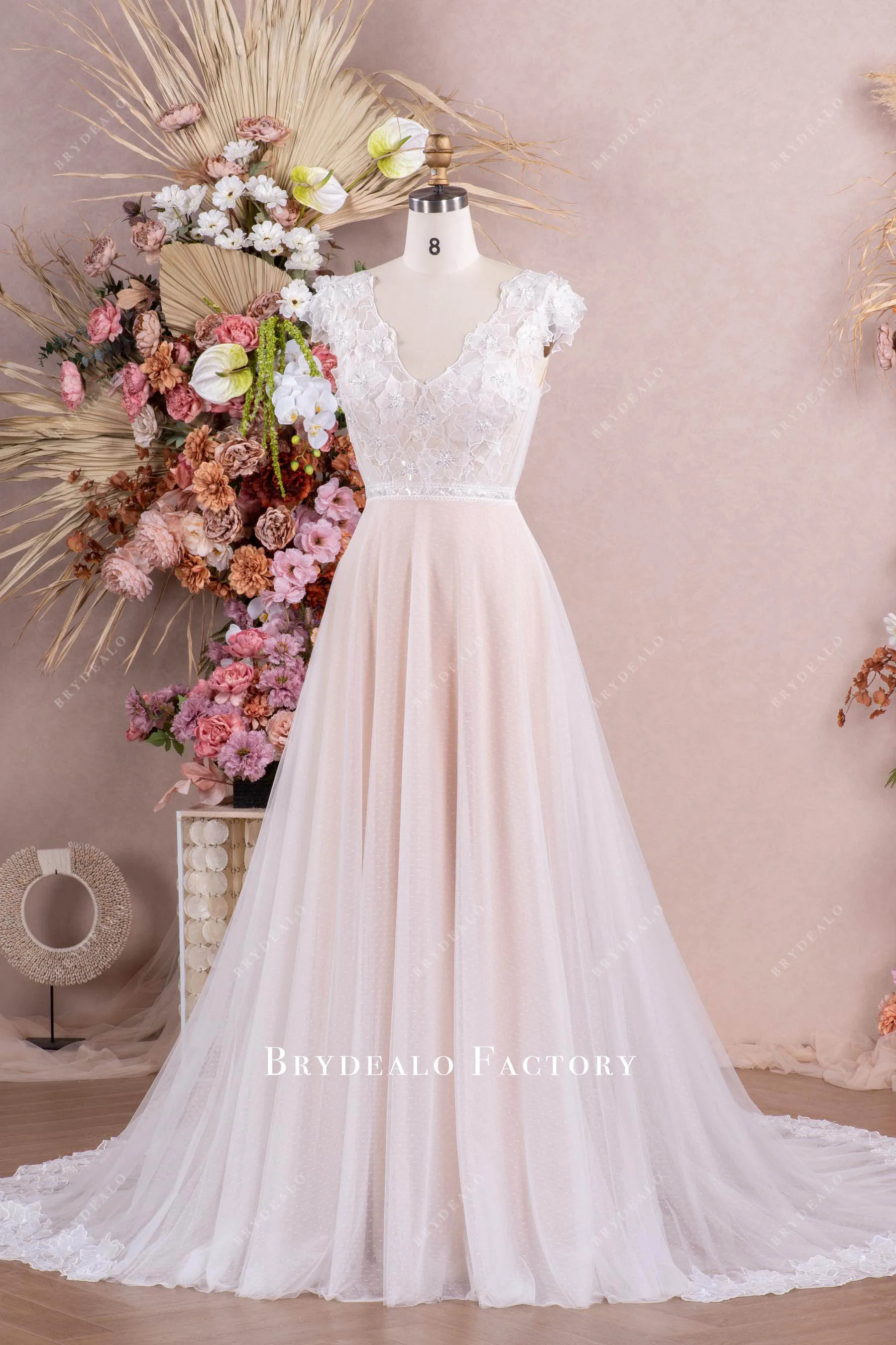 Boho Cap Sleeve Beaded Flower Aline Wedding Dress