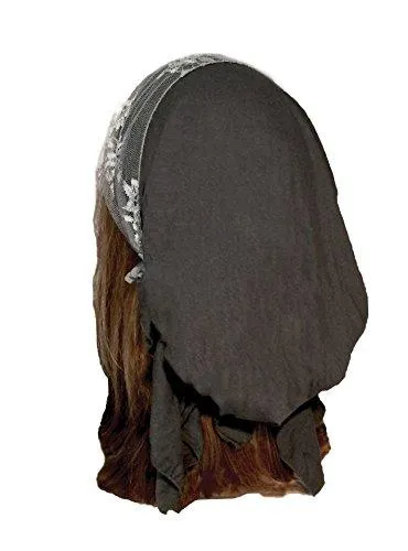 Boho Chic Artisan Head-scarf Tichel Embellished with Wide Floral Lace (Gray grey lace - 341)