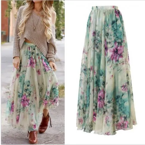 BOHO Womens Floral High Waist Long Maxi Full Skirt Holiday Party Evening Beach Sun Skirt