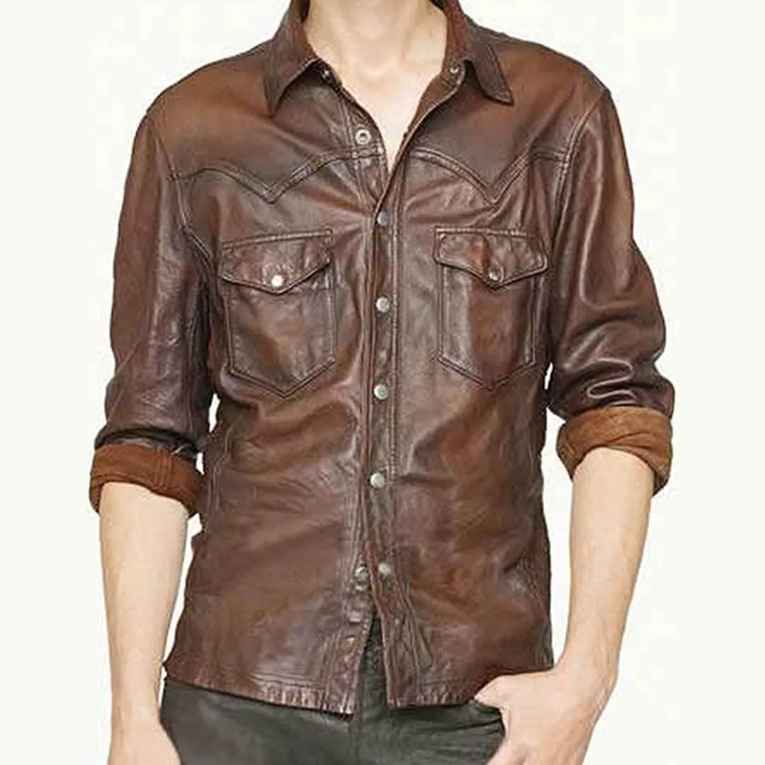 Brown Lambskin Leather Slim Fit Shirt