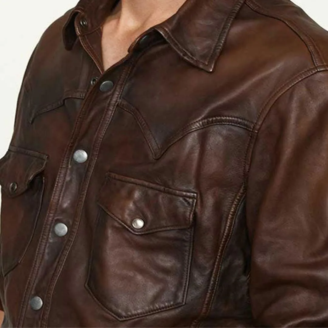 Brown Lambskin Leather Slim Fit Shirt