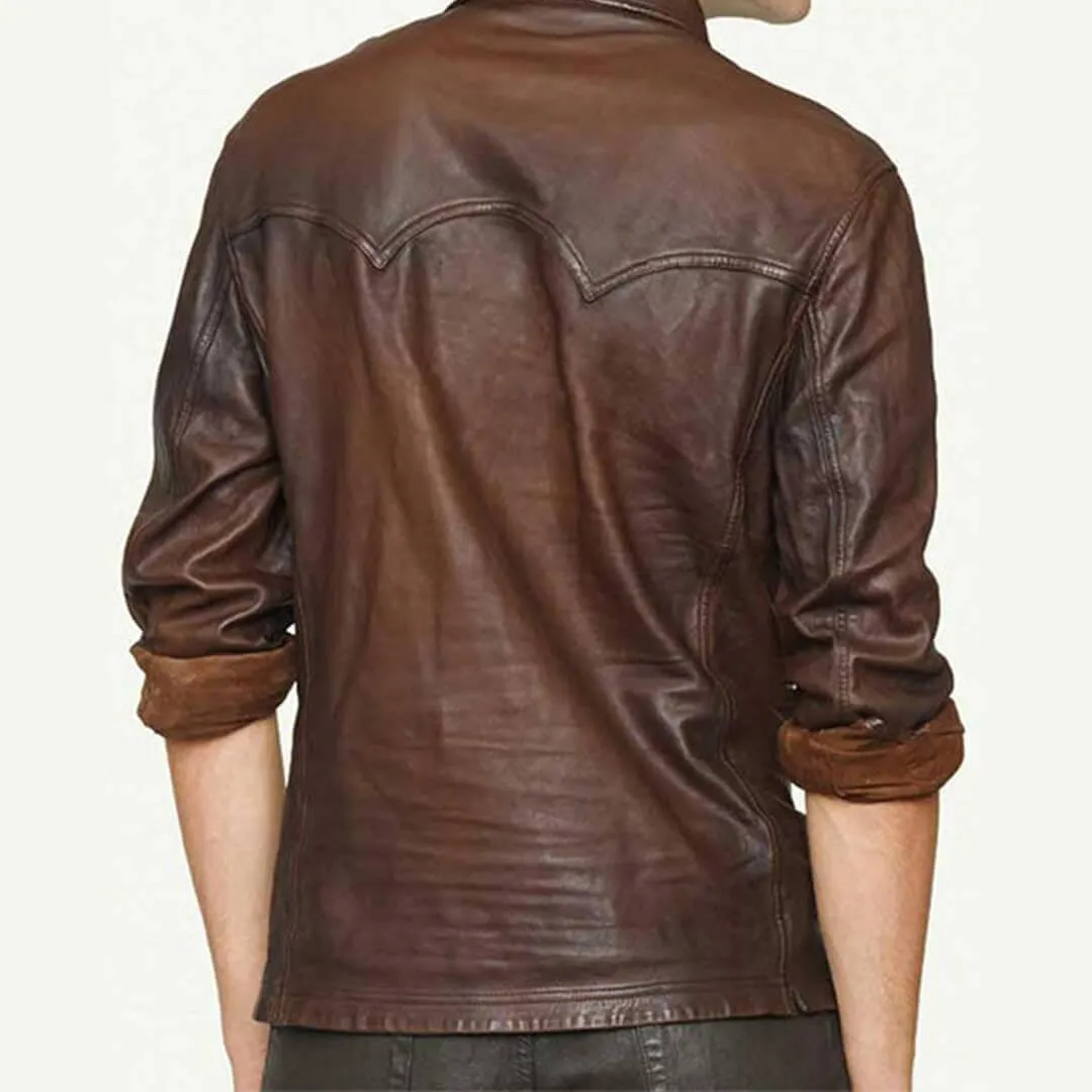 Brown Lambskin Leather Slim Fit Shirt