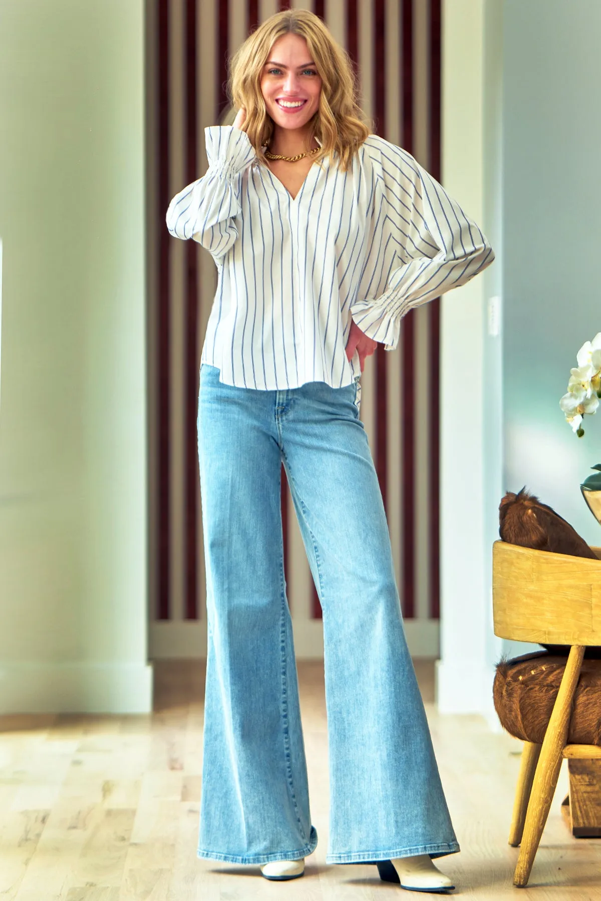 Candace Blouson Sleeve Ruffle Popover Poplin Top, Blue Pinstripe