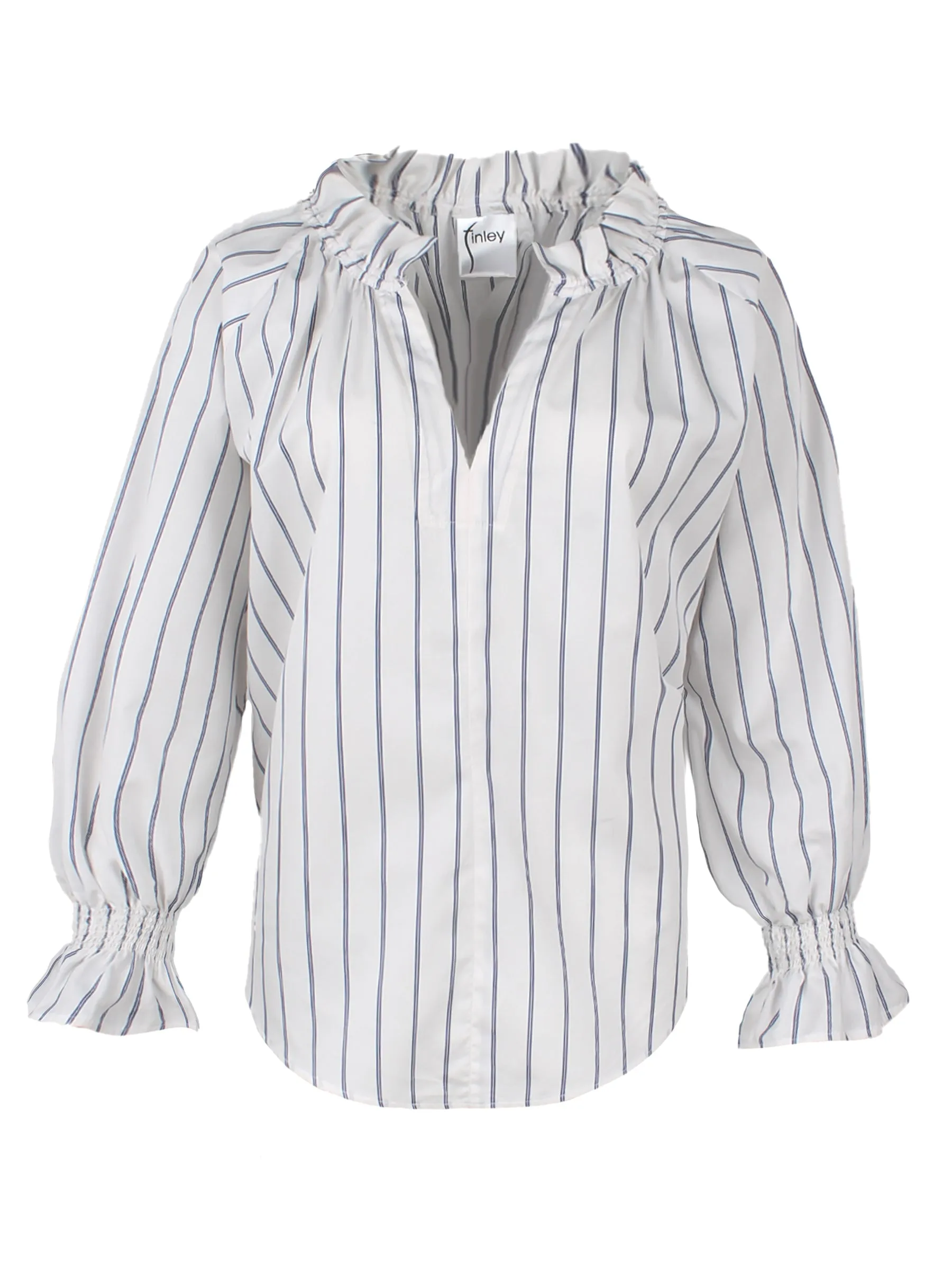 Candace Blouson Sleeve Ruffle Popover Poplin Top, Blue Pinstripe